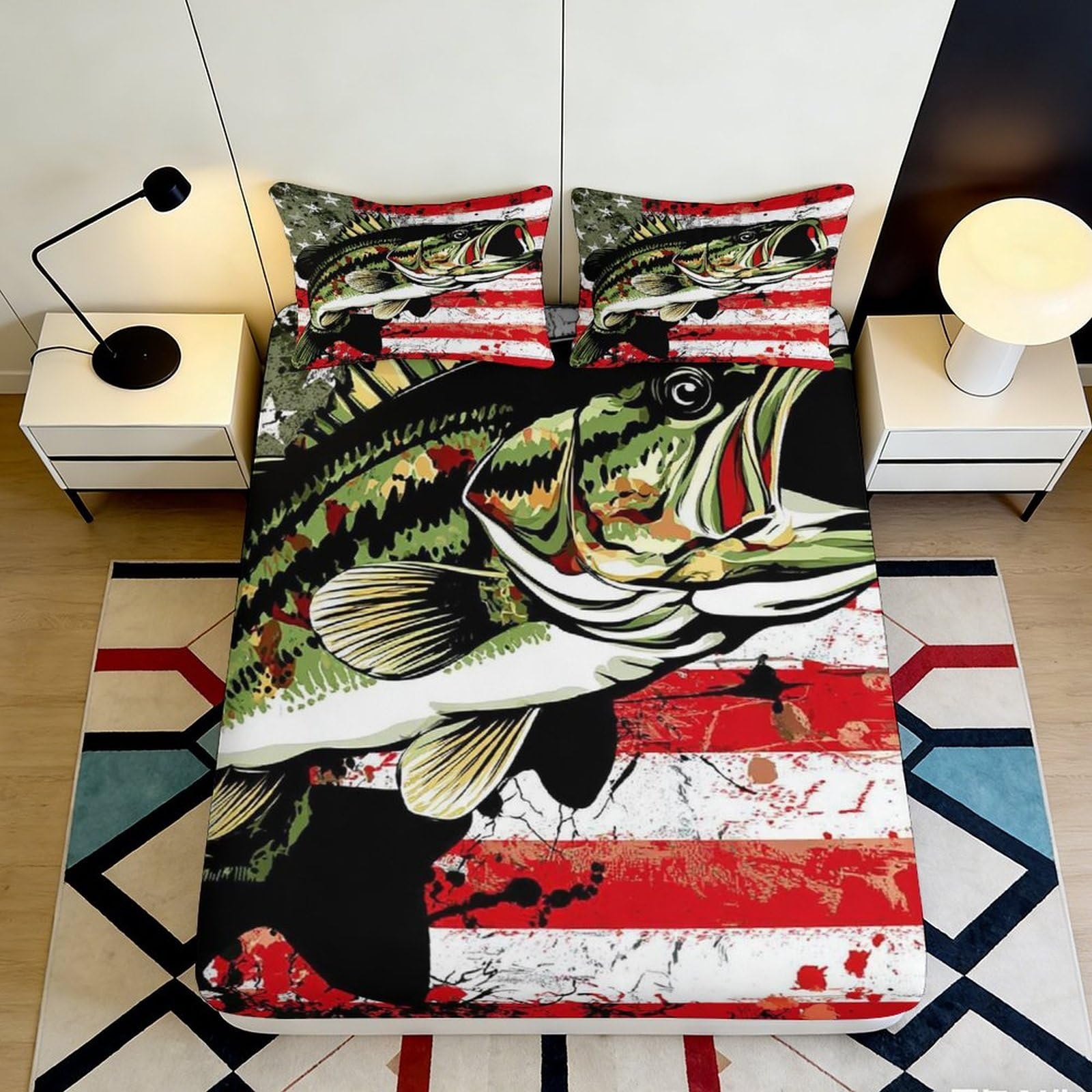 3D Printed American Flag Fish Fitted Sheet Microfiber Soft Mattress Cover for Bedroom Dorm Mattress Protection Decor 90x200x25cm