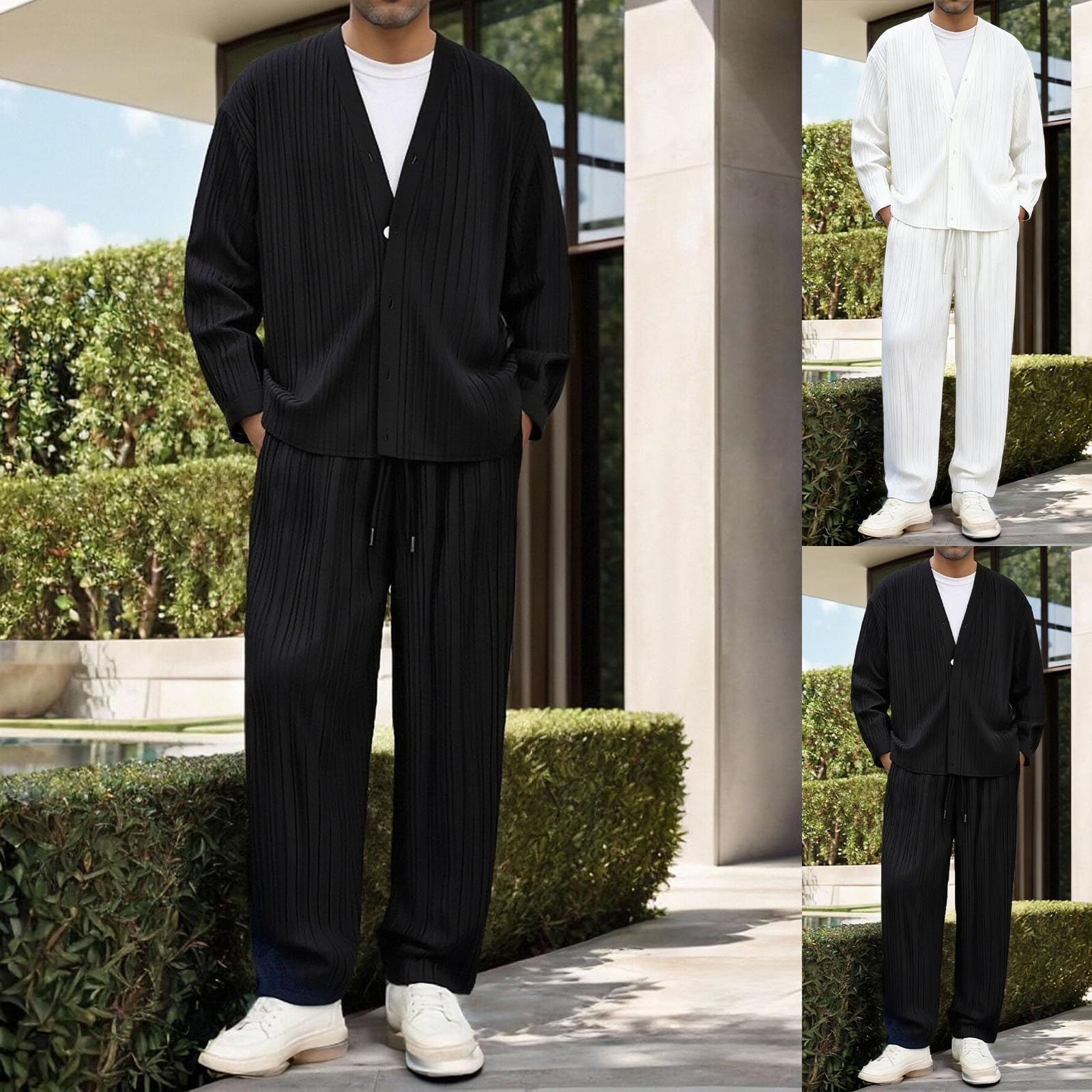 Conjunto de 2 piezas a juego para hombre, camisa de manga larga con botones y pantalones de cintura elástica de ajuste relajado, elegante atuendo casual de verano en tela suave y transpirable