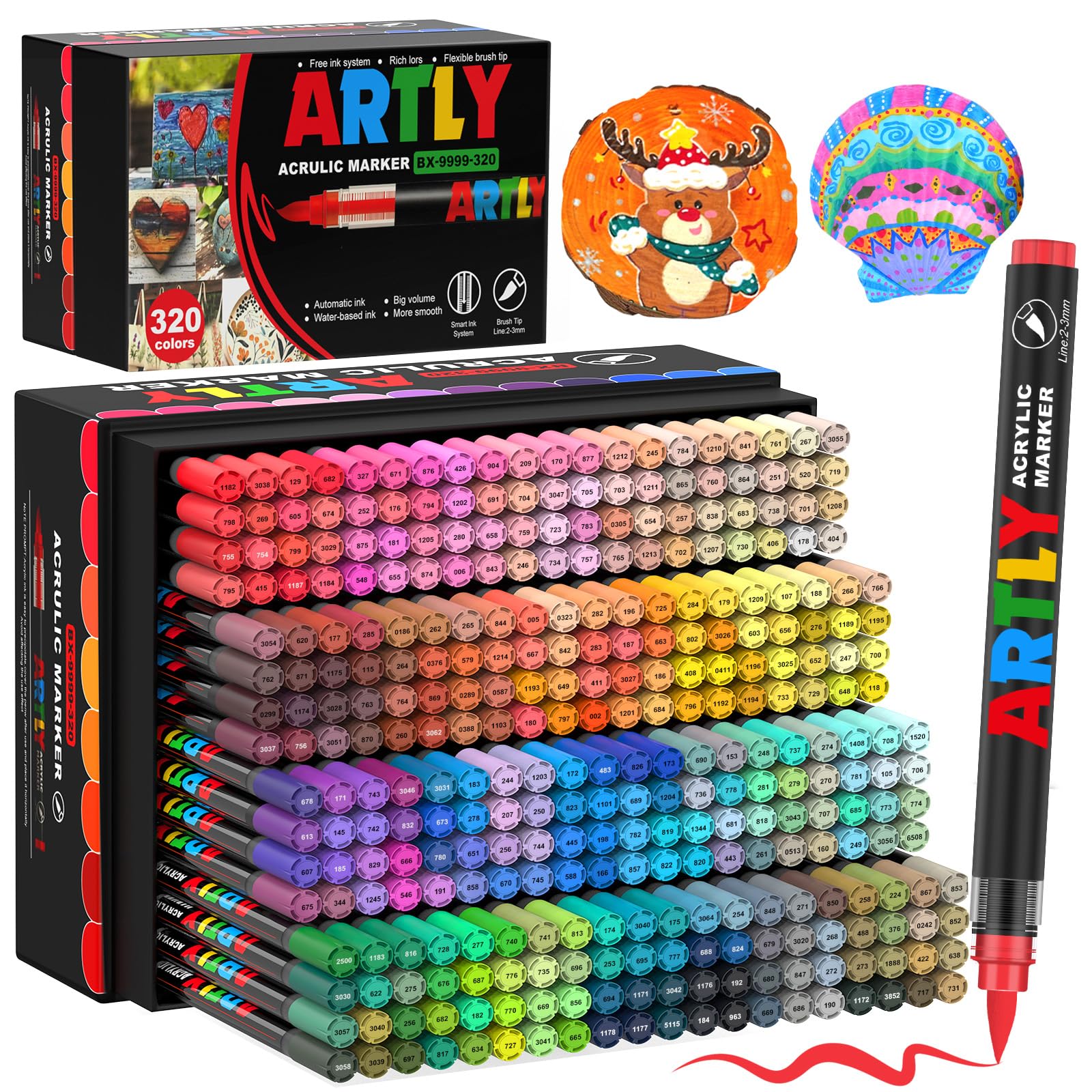 Efimeso 320 Farben Acrylstifte für Steine Wasserfest Set, Multimarker Pinselstifte Acrylic Paint Marker für Stein, Keramik, Holz, Stoff, Leinwand
