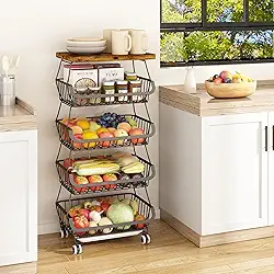 Fruteira de Chão com Rodas, Cesta de Frutas de Metal de 4 Camadas com Tábuas, Carrinho Organizador de Cozinha, Adequado para Armazenar Frutas e Legumes, Preta