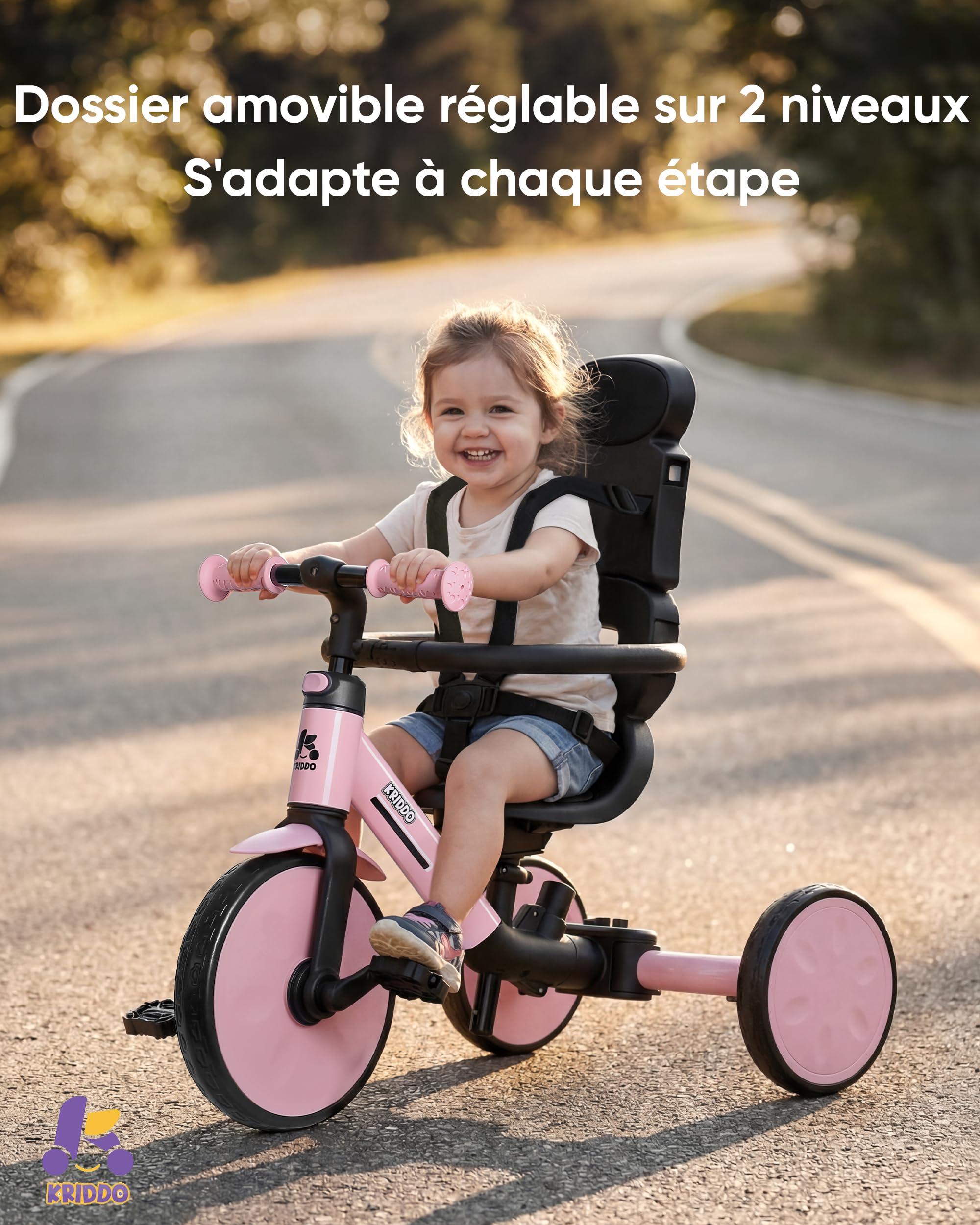 KRIDDO Tricycle évolutif 8-en-1 pour Enfants de 18 Mois à 5 Ans, avec poignée parentale, Modes Tricycle et draisienne, Harnais de sécurité à 5 Points, Capote Pliable et Sac de Rangement, Rose