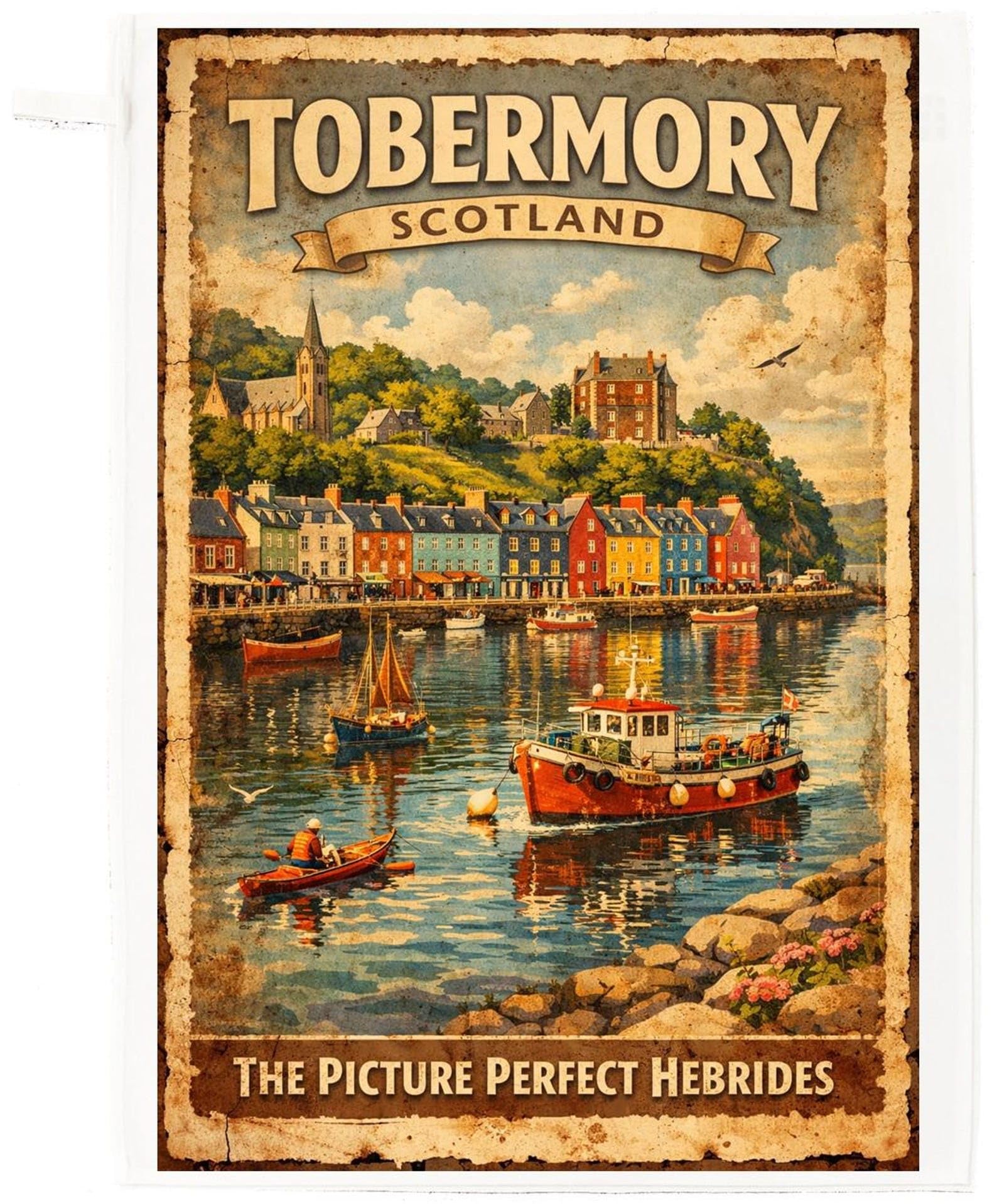 Half a Donkey Tobermory Scotland Cotton Tea Towel – Colourful Harbour Design