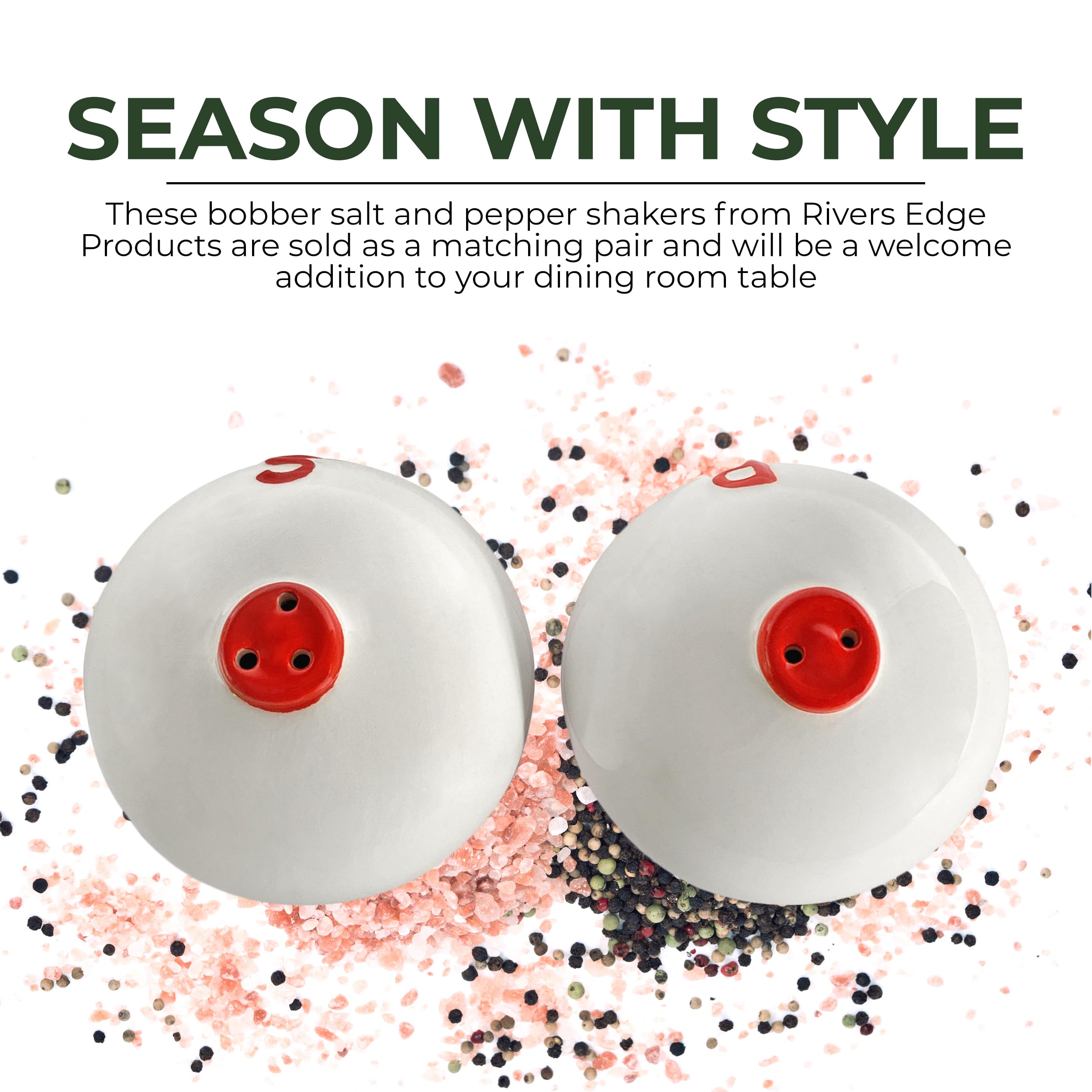 Rivers Edge Products Rivers Edge Products Bobber Salt and Pepper Shakers - Poly Resin Holder and 2 Glass Spice Dispenser - Unique Dining Table Accessories - Gift-Ready Novelty Kitchen Counter Decor