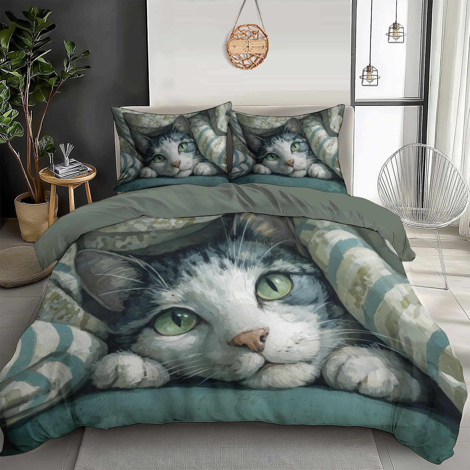 Housse de couette 220x240 cm chat mignon avec 2 taies d'oreiller