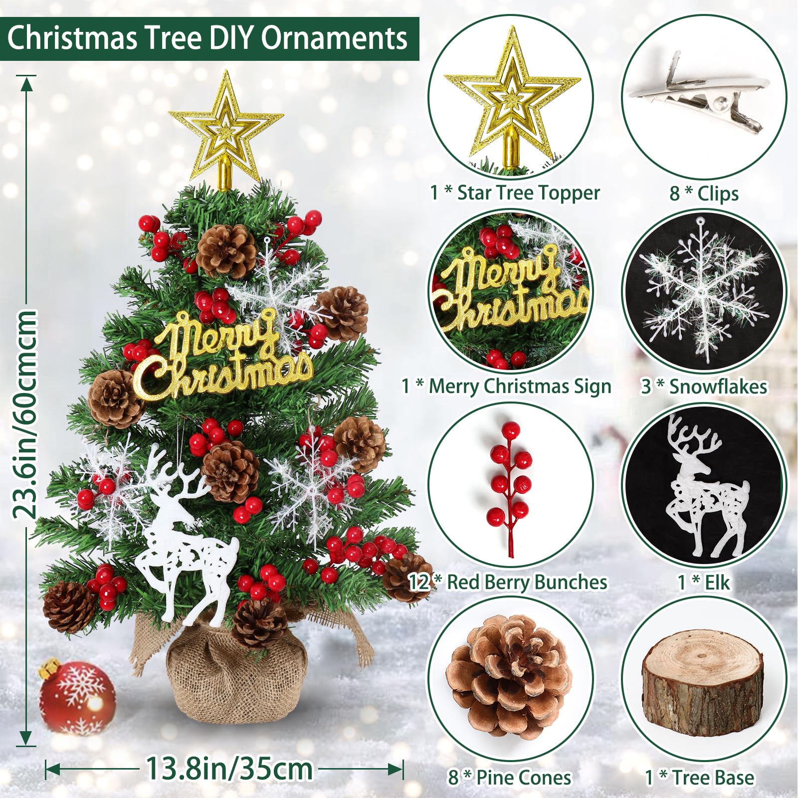 Mini-kerstboom, kunstkerstboom met ornamenten, mini-dennenboom voor tafel, kerstboom, kleine kerstdecoratie, dennenboom voor bureau, tafel, kantoordecoratie, 60 cm