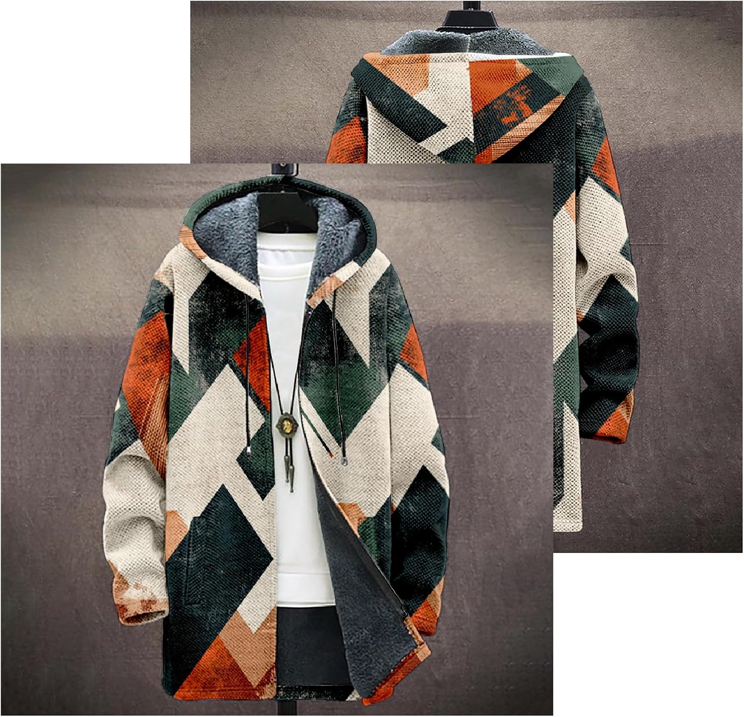 Mens Long Cardigan Hoodies Geometric Hooded Jacket Open front Knitted Sweater Hoodie with Pockets Winter Coats - Image 4