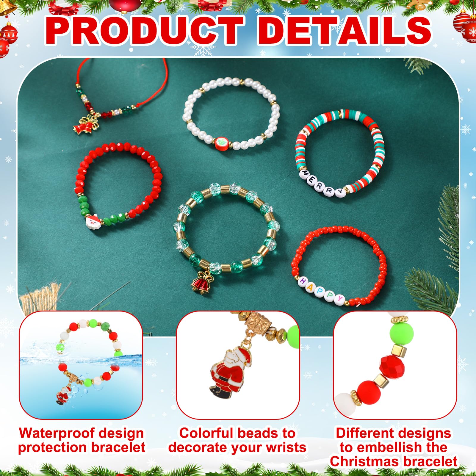 Huquary Weihnachts-Armbänder für Frauen, Weihnachts-Freundschaftsarmbänder, stapelbar, Perlen, Stretch-Armband, elastisch, Schmuckgeschenk, Geschenk für Urlaub, Party, Gastgeschenke