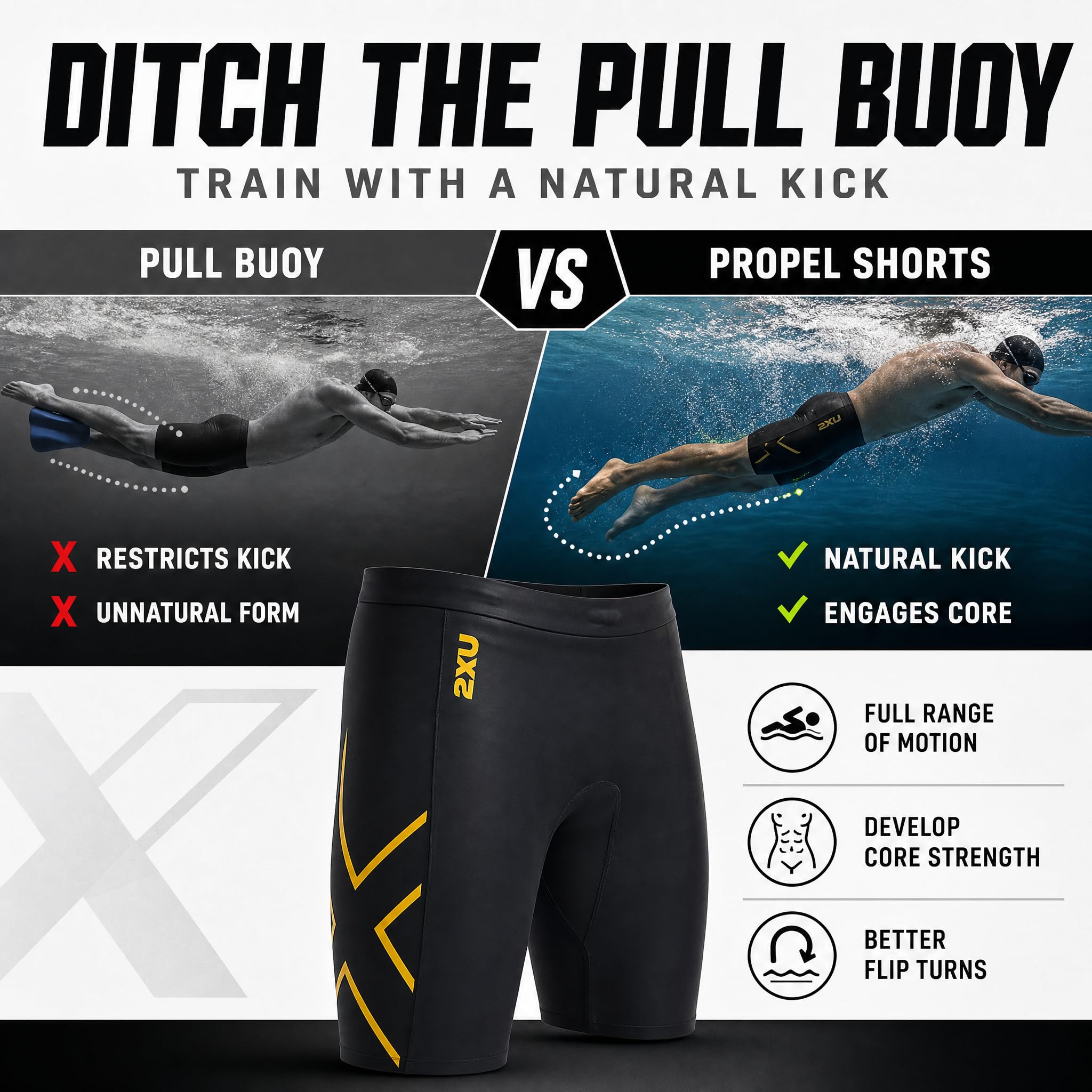2XU - Krótkie spodenki wyporowe - gumowy nylonowy materiał do pływania - czarny