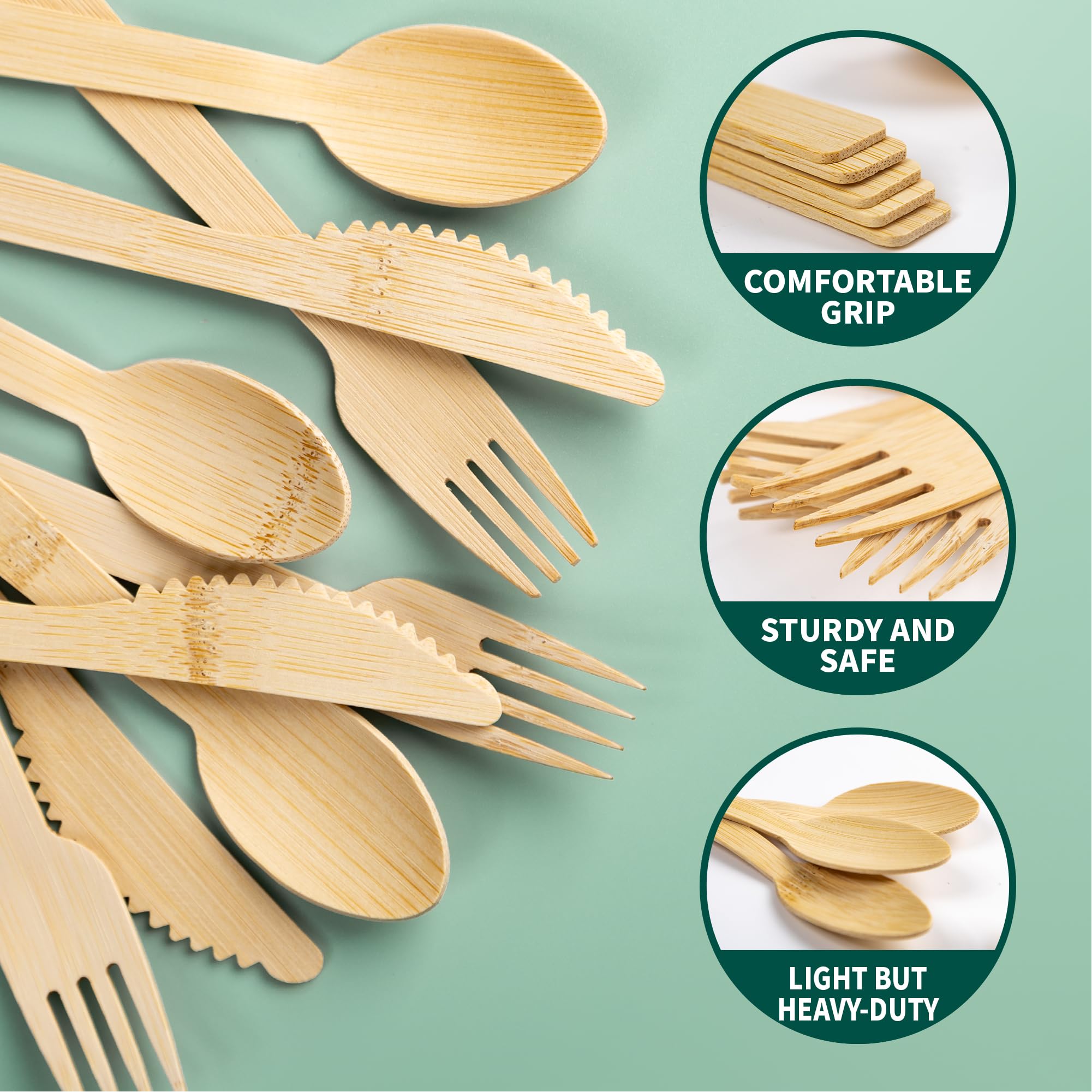 KOELHO'S Set di posate prerolled in bambù naturale al 100%, 24 coltelli, 24 forchette e 24 cucchiai, set di utensili riutilizzabili in bambù, utensili da portata in bambù per feste, matrimoni, picnic
