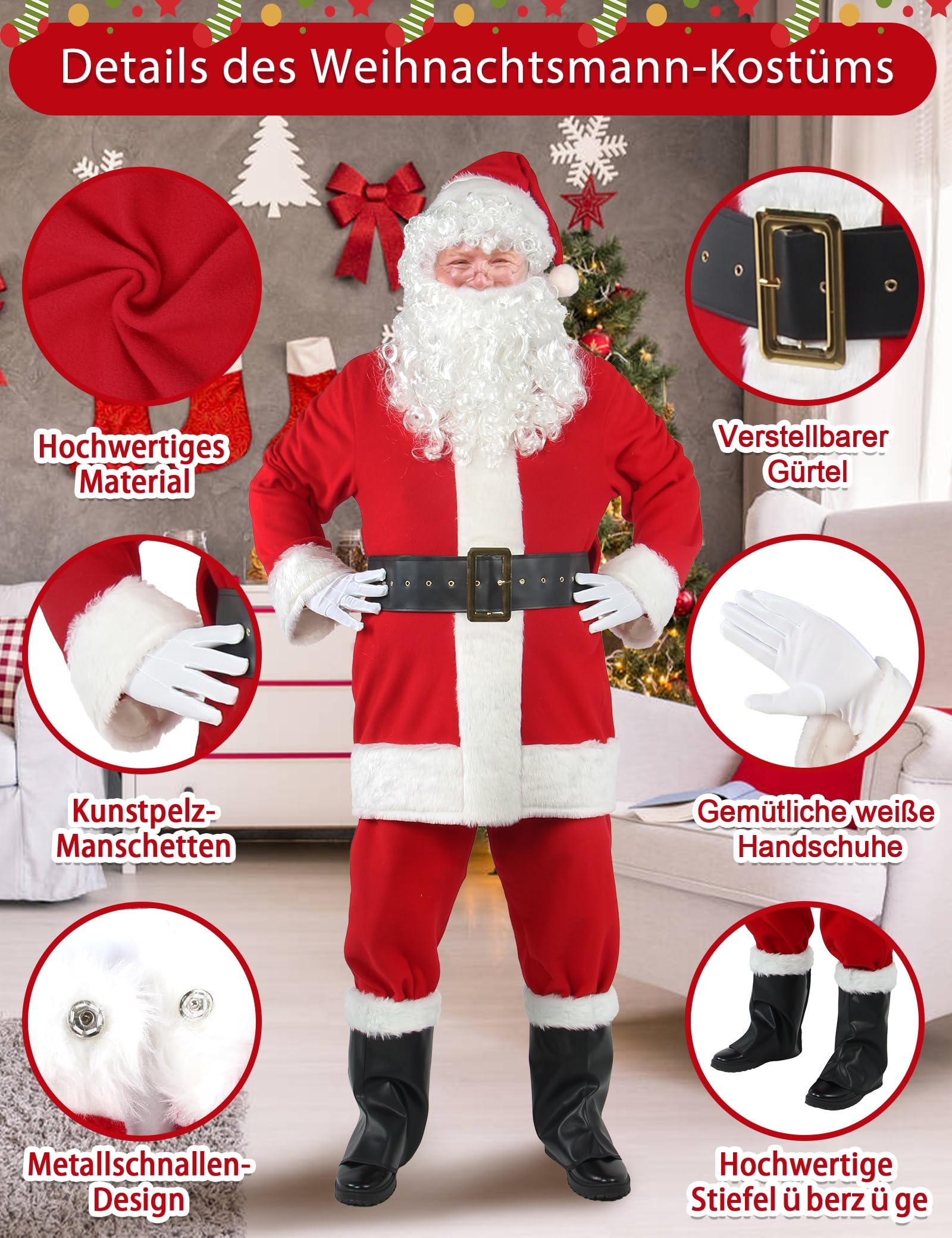 Weihnachtsmann Kostüm für Männer Deluxe Erwachsene Santa Anzug Herren Rot 10 teilig Professionelles Weihnachtsmann Outfit Weihnachten Cosplay Party