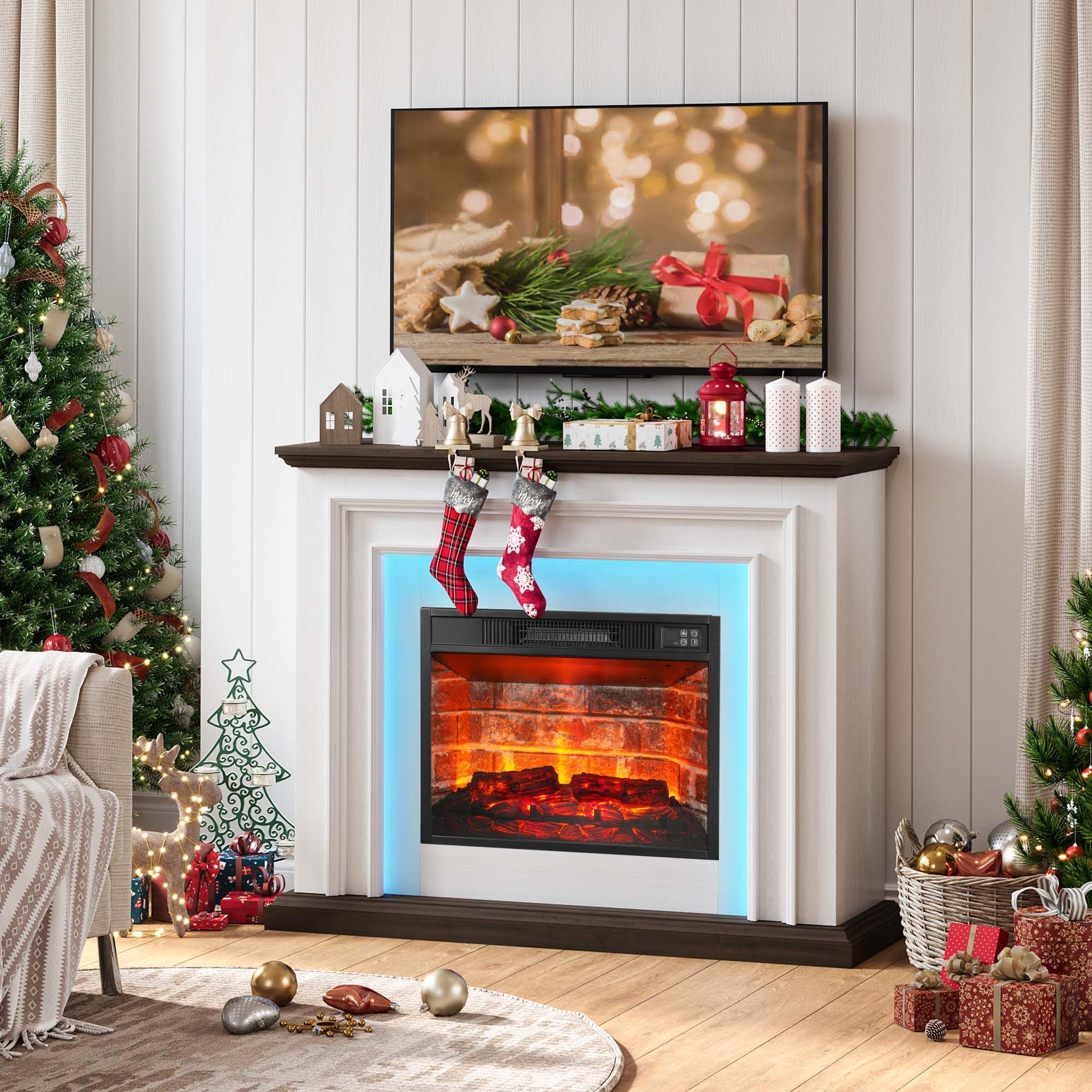 44 Inches LED Lights Electric Fireplace with Mantel, Tall Fireplace Heater Freestanding, Delicate Three-Dimensional molding with Remote Control Timer LED Flame for Living Room, Bedroom, White&Brown