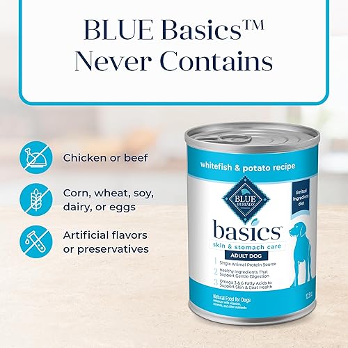 Miniatura 6 de Blue Buffalo Basics Skin & Stomach Care, alimento húmedo natural para perros adultos, sin granos, latas de pescado blanco, latas de 12.5 onzas