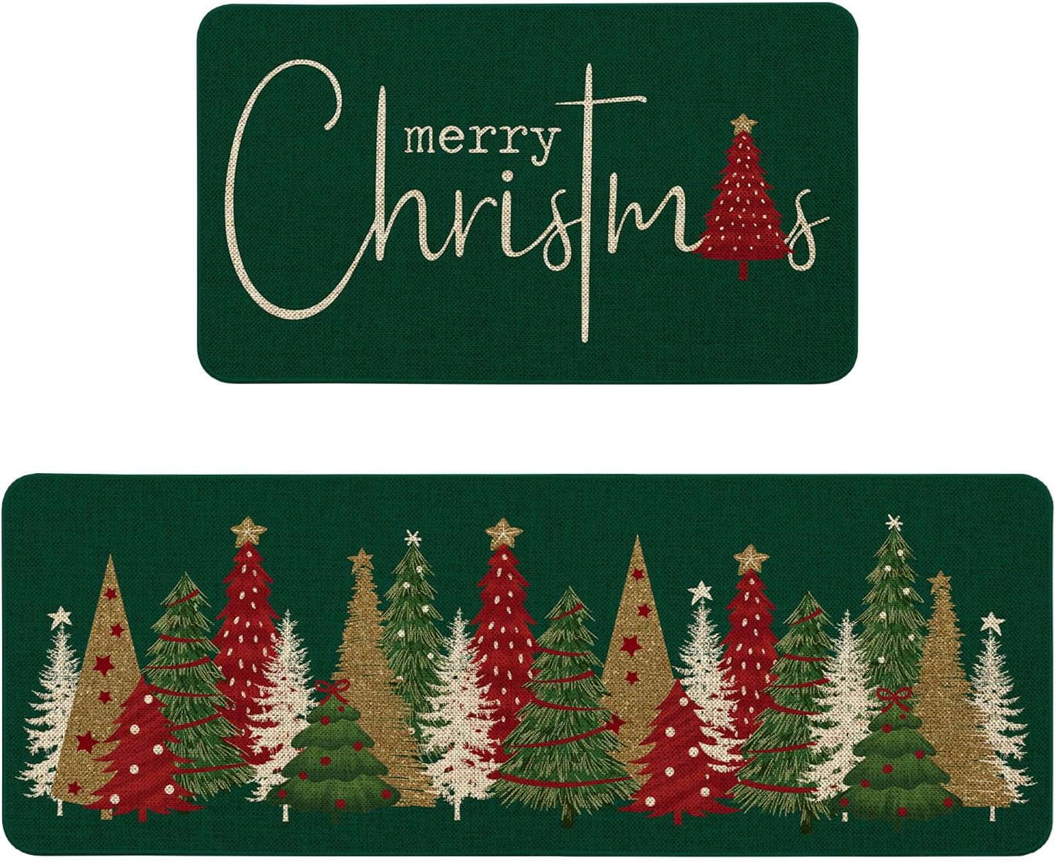 Merry Christmas Kitchen Rugs Set of 2, Xmas Holiday Christmas Tree Kitchen Mat Decor Home Decorations, Green Christmas Mats for Kitchen Floor Christmas Tree-green