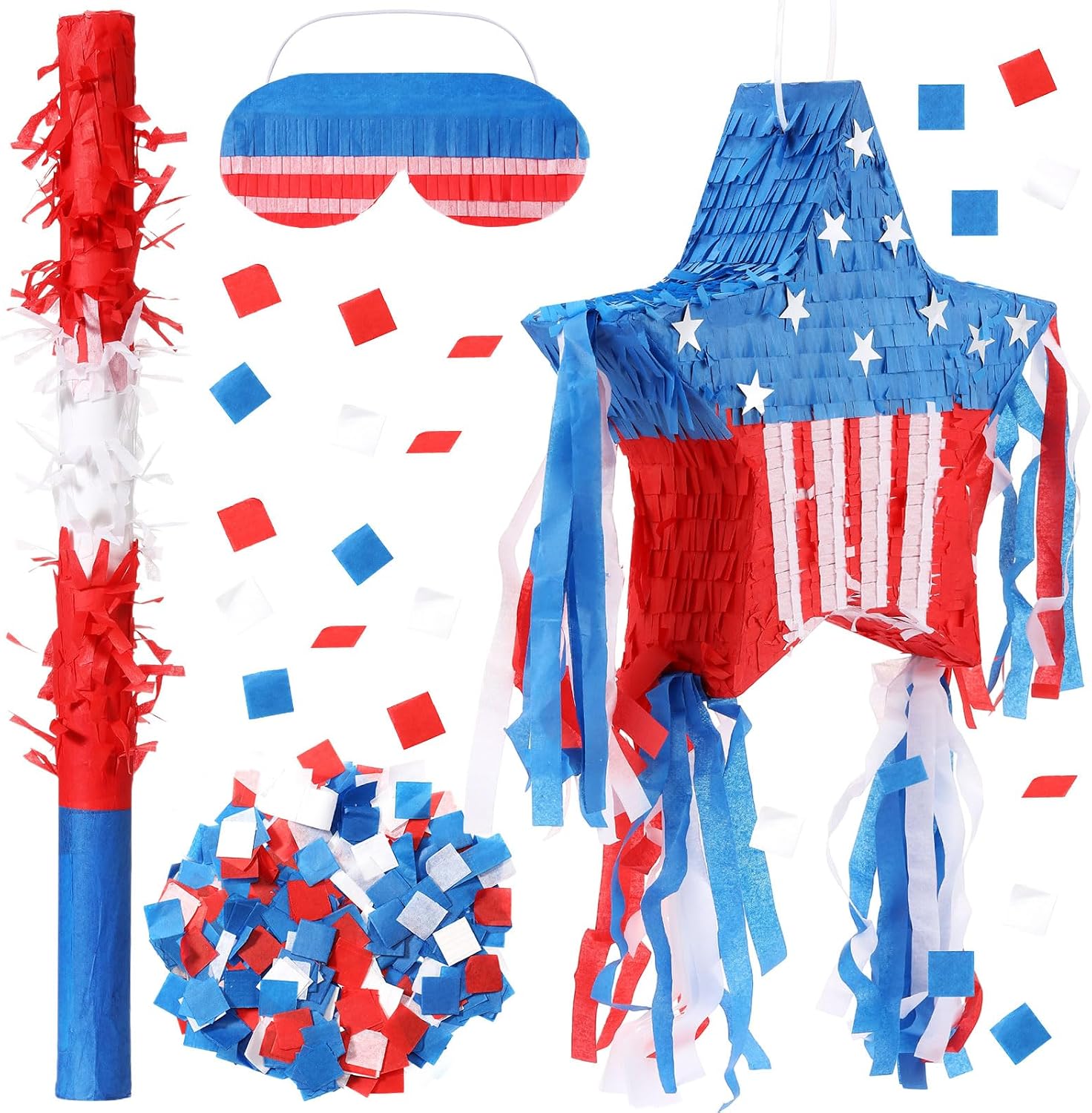 Lunmon Patriotic Piñata Decorations 4th of July Piñata with Blindfold Stick and Confetti for Holiday Independence Day Fourth of July USA Themed Party Supplies Centerpiece Decor(Exquisite,17.7 Inch)