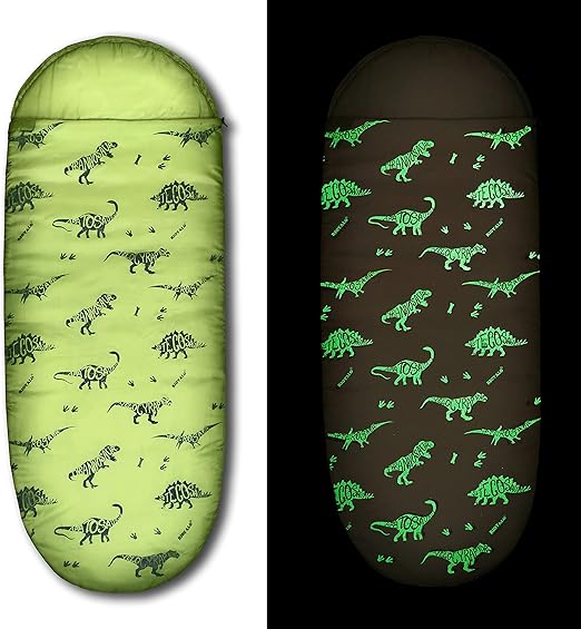 Kids Glow-in-The-Dark Dinosaur Sleeping Bag for Boys Camping Hiking - Machine Washable, Durable, Waterproof, Lightweight - Slumber Bag & Backpack 2 Pc Gift Set - Age 3-10 | 58" L X 27" W
