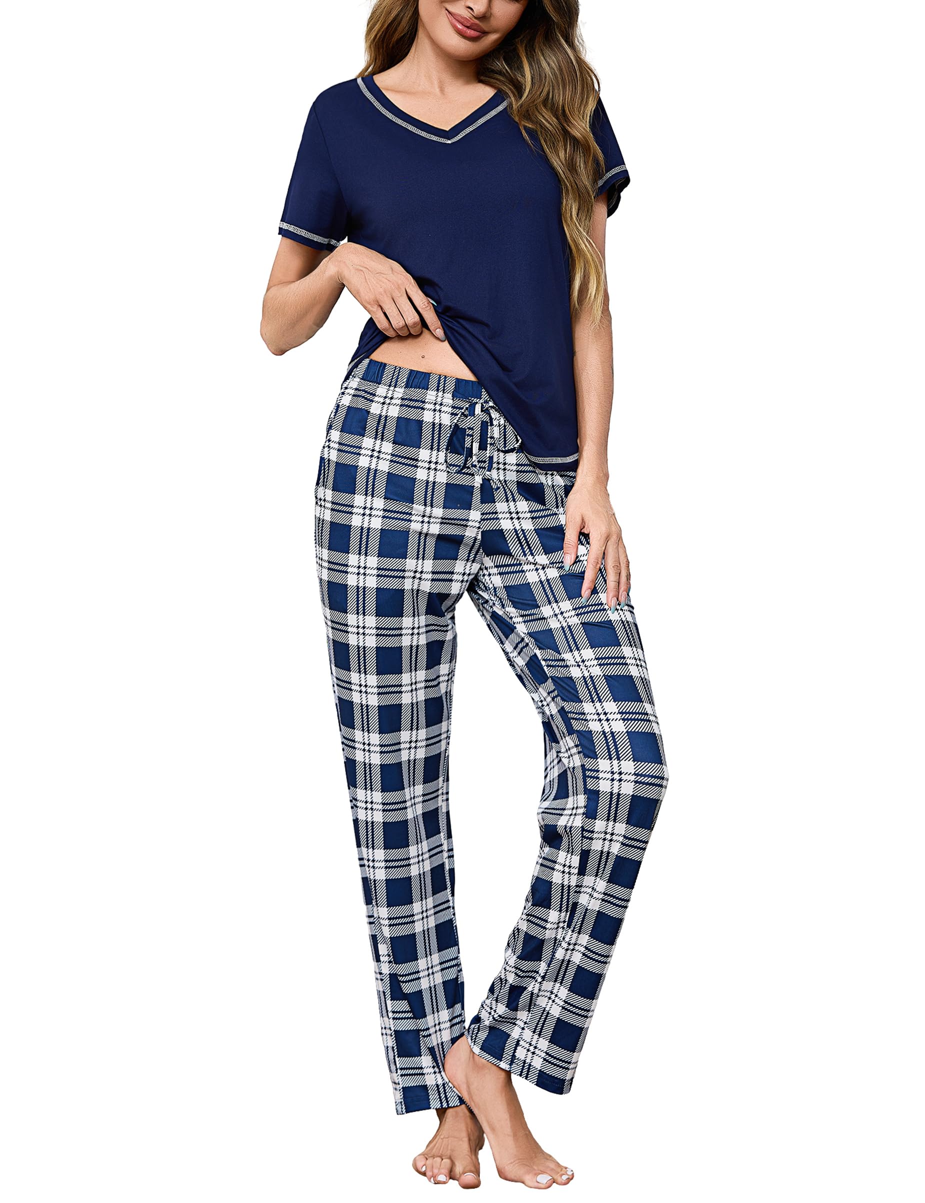 Bresdk Schlafanzug Damen Baumwolle Zweiteilig Pyjama Set mit Kurzarmshirt & Lang Schlafanzughose Komfort Nachtwäsche Loungewear für Frauen