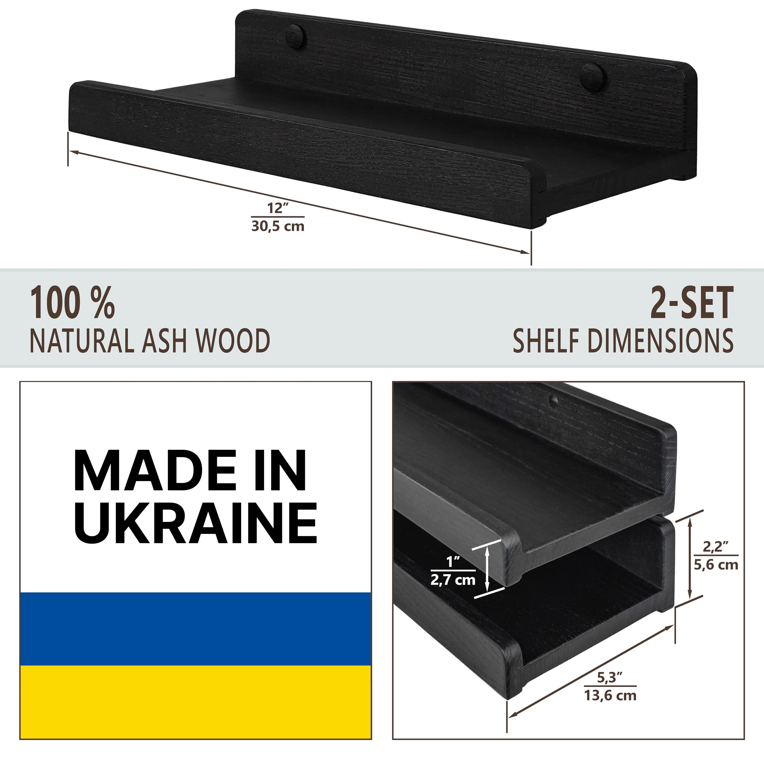 Floating Shelves for Wall 12 inch, Waterproof, Wall Storage Shelves with Lip, Display Picture Ledge Shelf for Living Room Photo Frame, Natural Wood Hanging Book Shelves (Black, Set 2)