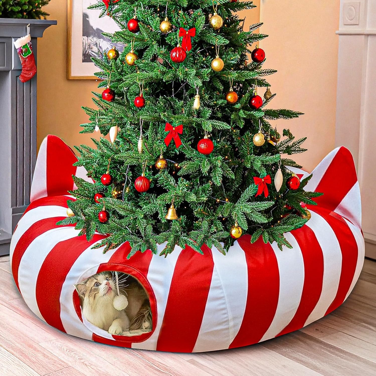 Cat Tunnel Bed with Christmas Tree Skirt, Cat Beds for Indoor Cats Tunnels with Toy Ball, Red and White Christmas Decorations Donut Tunnels for Cat Supplies Small Large Cats and Small Animals