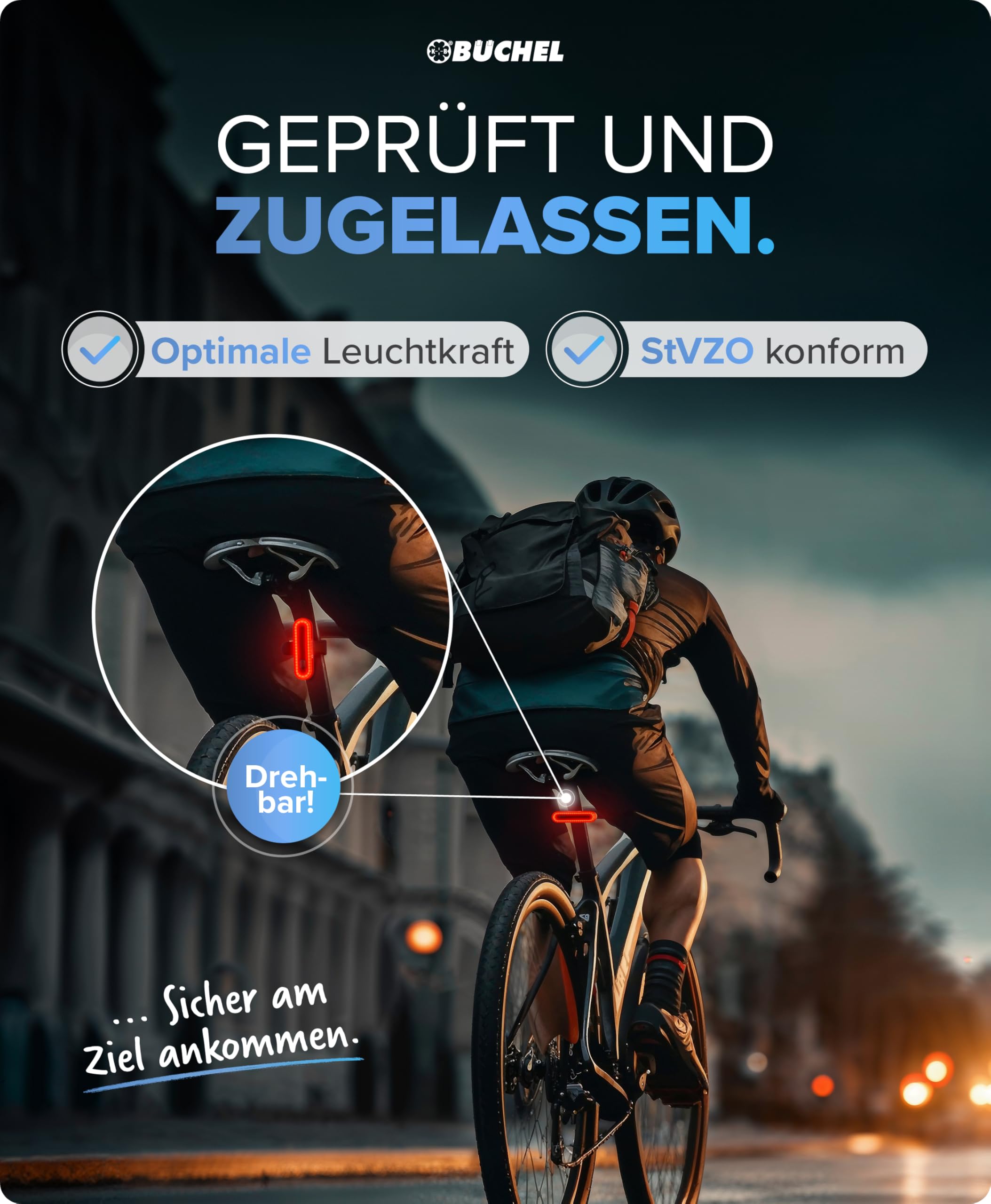 BÜCHEL Zestaw świateł rowerowych – zestaw świateł rowerowych USB-C z 8 godzinami świecenia i wyświetlaczem kontrolnym – 4 tryby światła przedniego (15–60 luksów) – zgodne z niemieckim prawem o ruchu