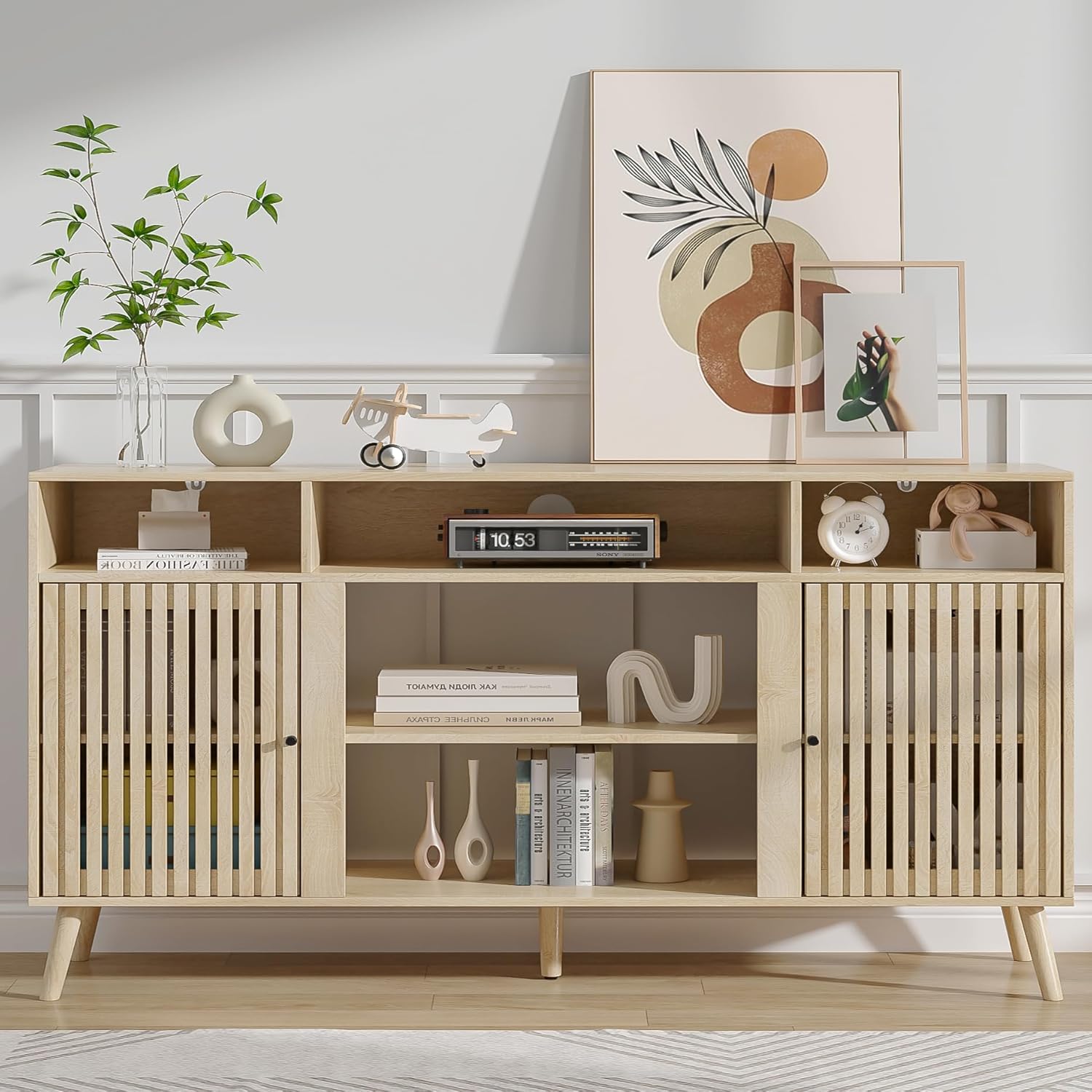 Mid Century Modern TV Stand, Fluted TV Stand for 65 Inch TV, Entertainment Center with Adjustable Shelf, Media Console, Wood Feet, Cord Holes, for Living Room (Wood, 58.26'') - Image 2