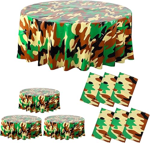 Oudain Paquete de 6 manteles de camuflaje – Mantel desechable de plástico de camuflaje – Mantel redondo de plástico – Decoraciones de fiesta del