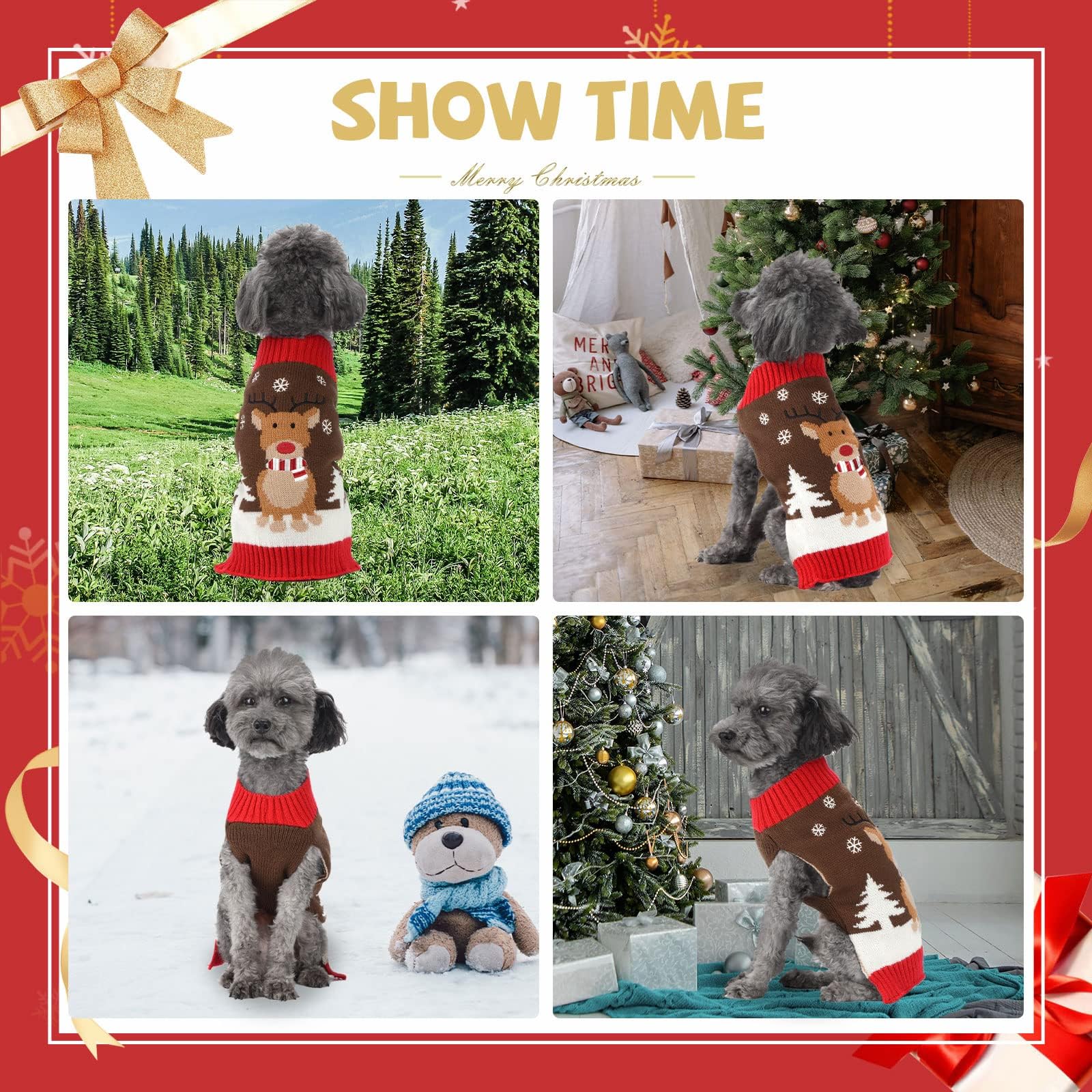 HRTTSY Christmas Dog Sweater Soft Warm Fall Winter Dog Clothes Cute Reindeer Xmas Tree Snowflake Knitwear Pet Costume Sleeveless Puppy Holiday Sweatshirt for Small Medium Large Dogs Cats(Brown,XS)