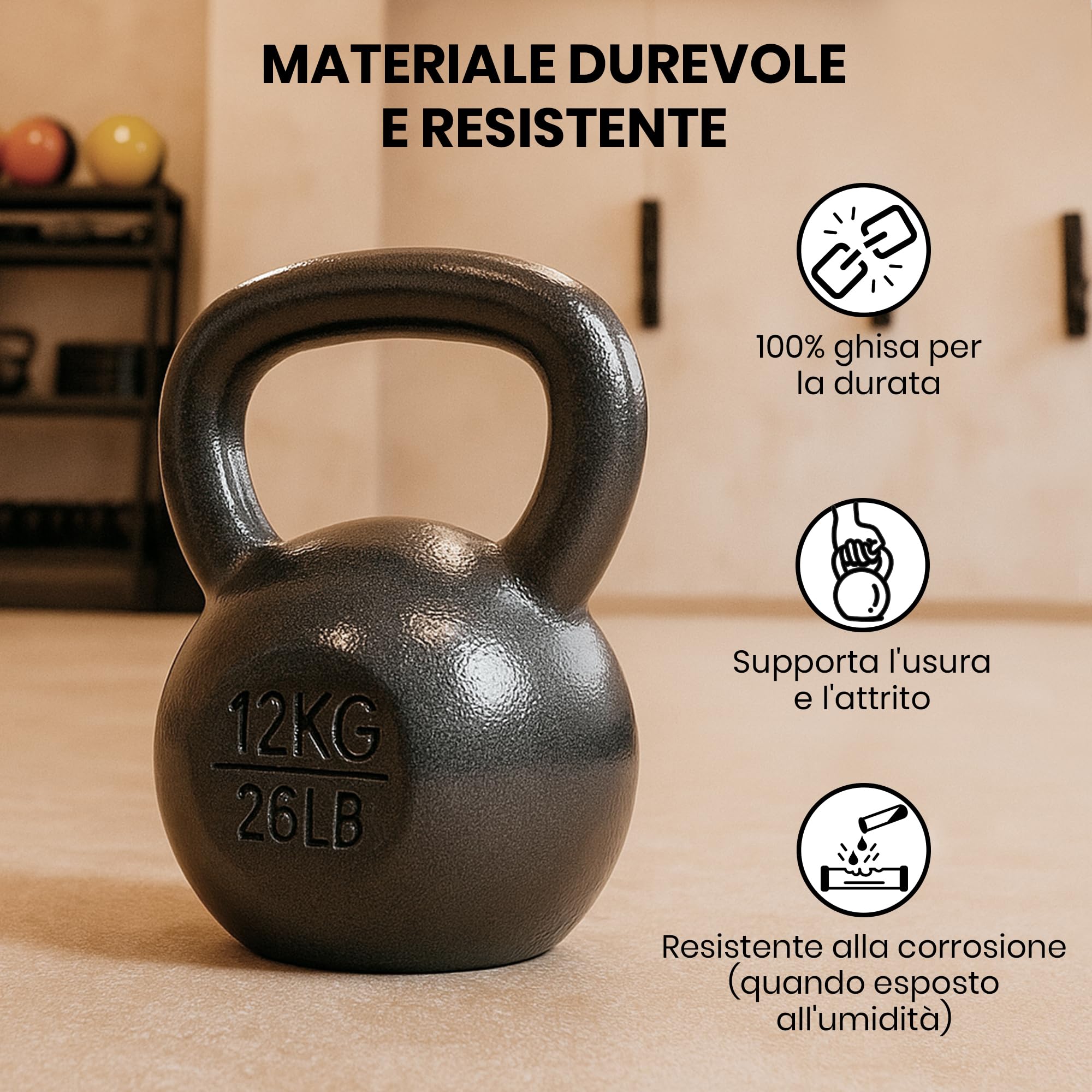unycos - Kettlebell 12 kg in Ghisa con Rivestimento Resistente, Peso con Impugnatura Ergonomica Antiscivolo, Compatto e Facile da Trasportare per Palestra, Fitness, Bodybuilding, Muscoli (Nero)