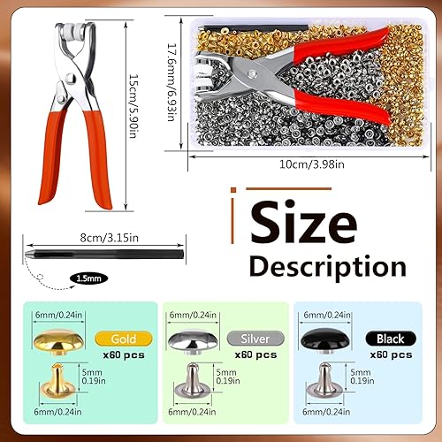Miniatura 2 de 180 juegos de remaches de cuero de 0.236 in, remaches de cuero de doble tapa redonda, 3 tapas de colores, remaches de cuero, tachuelas de metal con