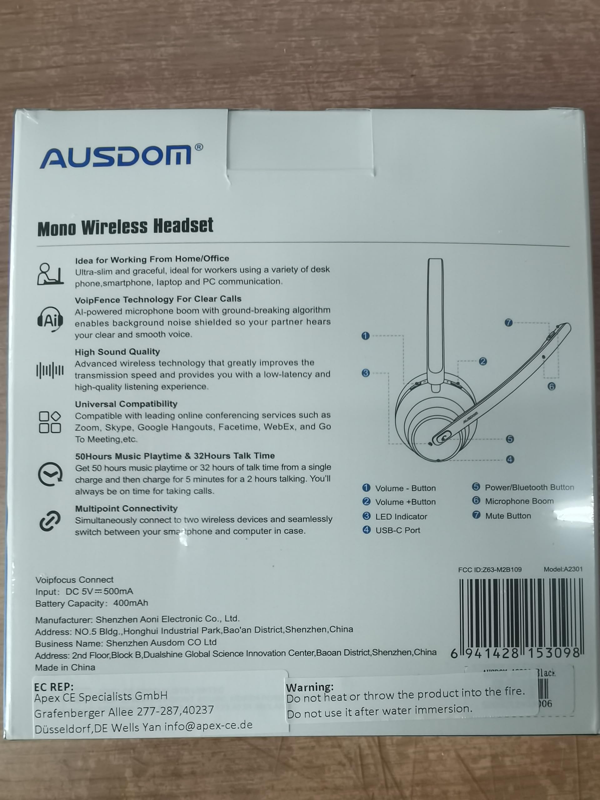 AUSDOM Casque pour Téléphone Fixe sans Fil avec Micro Antibruit, A2301 Casque Bluetooth Mono avec Bouton Multifonction, 50 Heures de Jeux, pour Le Bureau de Centre d'appel