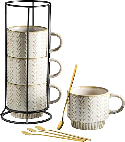 Juego de 4 tazas de café con cucharas y soporte, tazas de café apilables de 13 onzas para bebidas, té de capuchino, taza de café para mujeres,