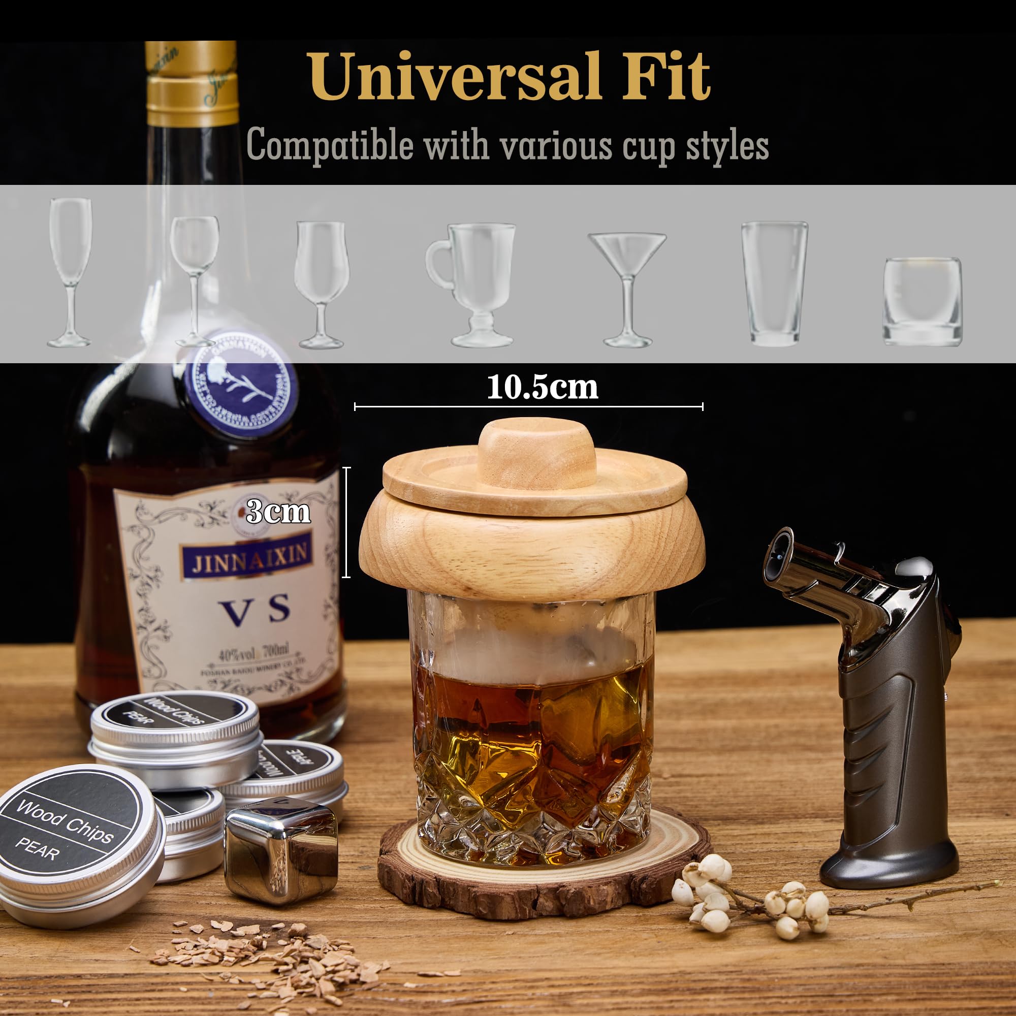 Zestaw wędzarniczy do koktajli – zestaw do whisky z 6 drewnianymi chipsami, 4 kamieniami do whisky ze stali nierdzewnej i ulepszonym palnikiem – zestaw do wędzenia w stylu Old Fashioned i