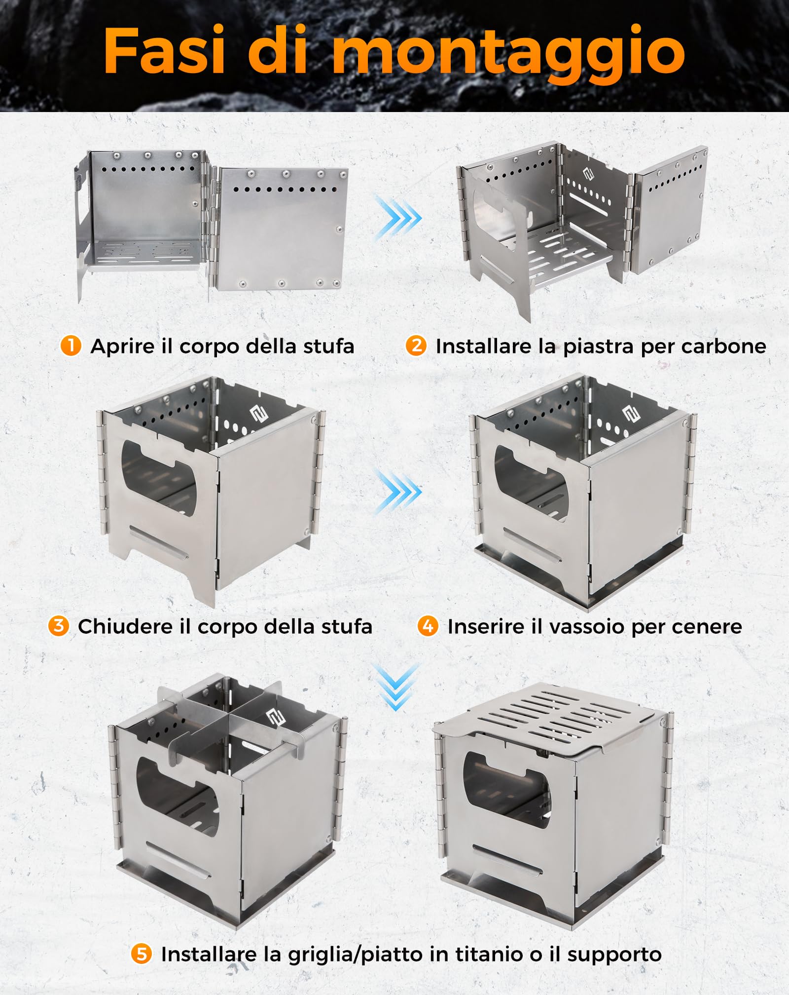 COOK'N'Escape Stufa a Legna Campeggio Portatile Rocket Doppia Combustione M | Fornello Hobo in Acciaio Inox Pieghevole con Piastra Grill Titanio, Multicombustibile per Camping, Grill e Trekking