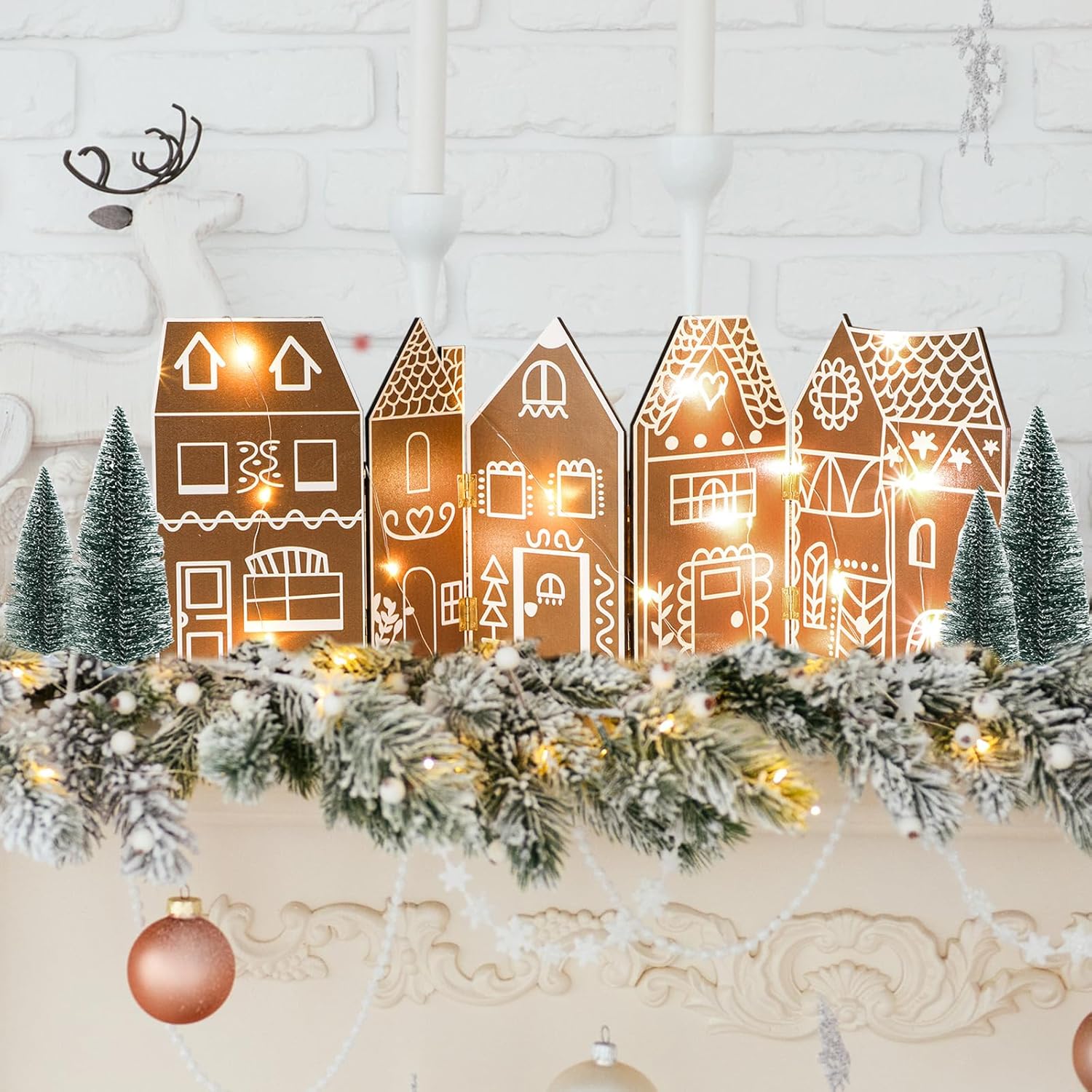 Chunful Foldable Christmas Gingerbread House Tabletop Decoration with LED String and 4 Xmas Village Trees Foldable Christmas Gingerbread House Holiday Indoor Wooden Centerpieces for Mantel Home Decor