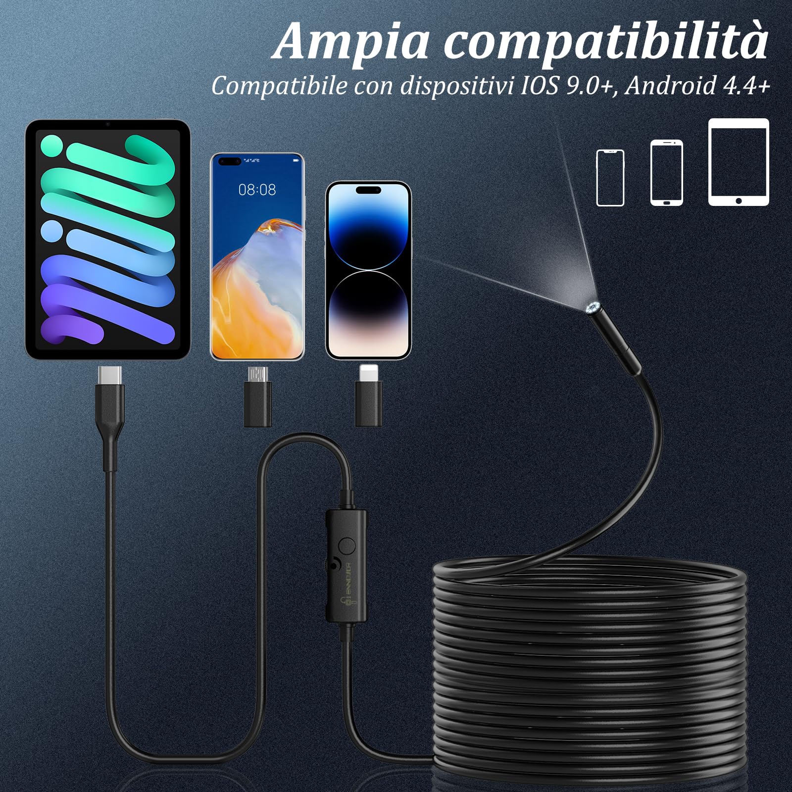 Endoscopio per Smartphone, 1920P HD Telecamera Endoscopia, IP67 Sonda Impermeabile, Endoscopio con 8 LED, Telecamera Ispezione Tubi con Cavo Semirigido da 10 m, Android iOS - Camera senza WiFi
