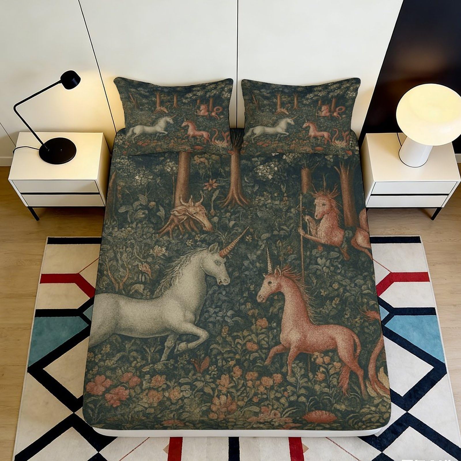 3D Printed Unicorn Forest Fitted Sheet Microfiber Soft Breathable Magical Creatures Mattress Cover for Bedroom Dormitory Guest Room Protection Decor 140x200x25cm