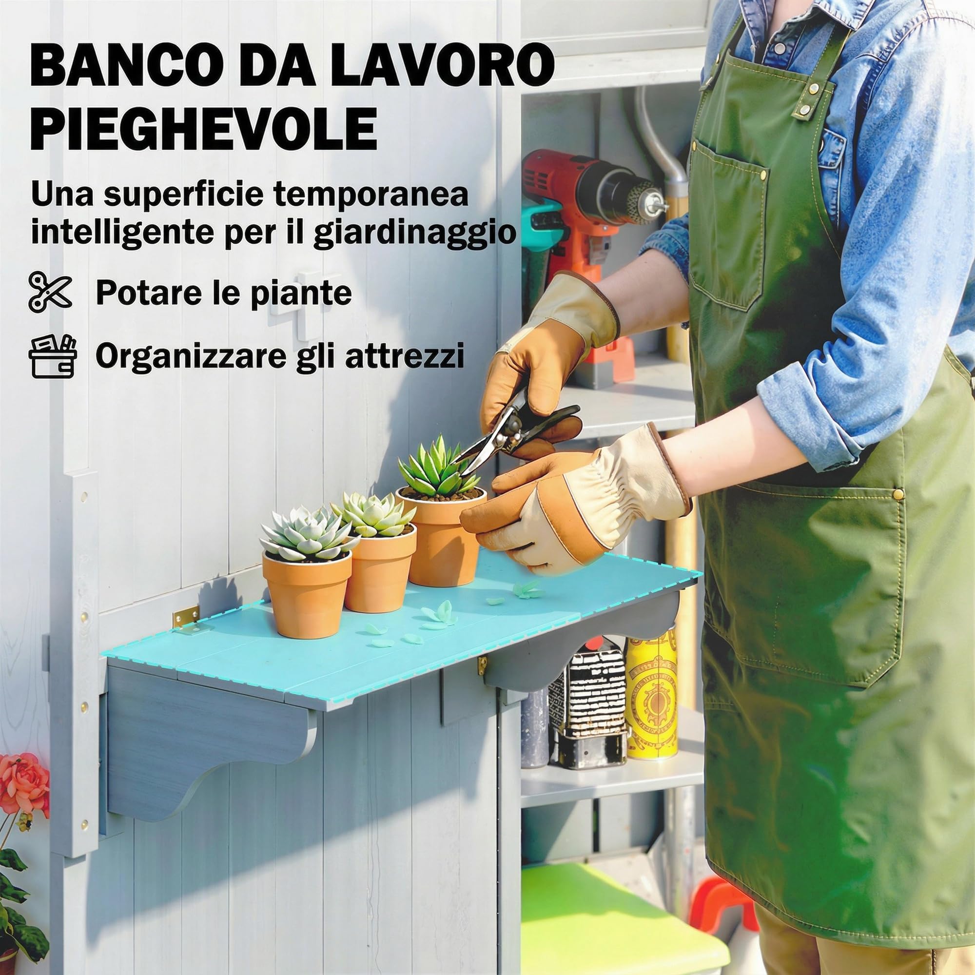 Outsunny Armadio da Giardino in Legno Abete, Casetta Attrezzi Giardino con Banco Lavoro Ribaltabile, Ripiani, Tetto Inclinato Asfalto, Capanno Porta Attrezzi per Esterno, 77x52.5x178 cm, Grigio
