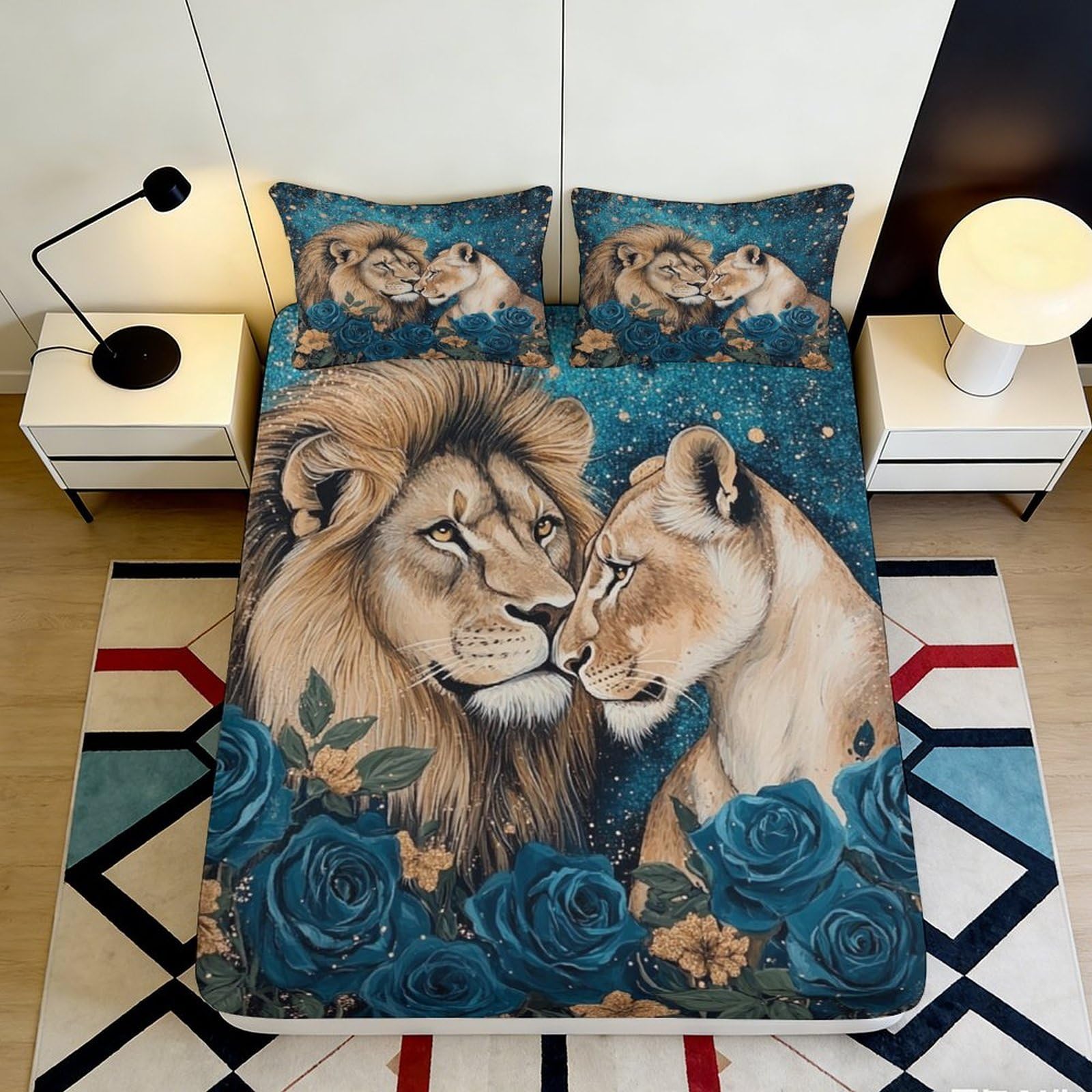 3D Printed Lion Rose Fitted Sheet Microfiber Soft Bed Cover for Bedroom Dorm Mattress Protection Decor 90x200x25cm