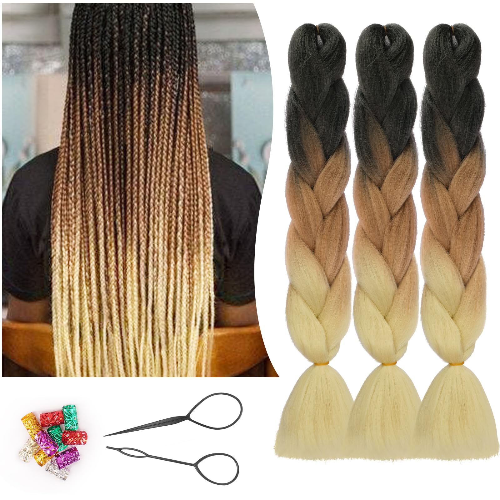 Sofeiyan Kanekalon Extensiones Pelo Africanas Trenzas, 24" 3pcs Extensiones Pelo Sintético Jumbo Trenza Extensiones para Trenzas de Ganchillo Extensiones de Cabello, Negro/Marrón/Blanco Cremoso