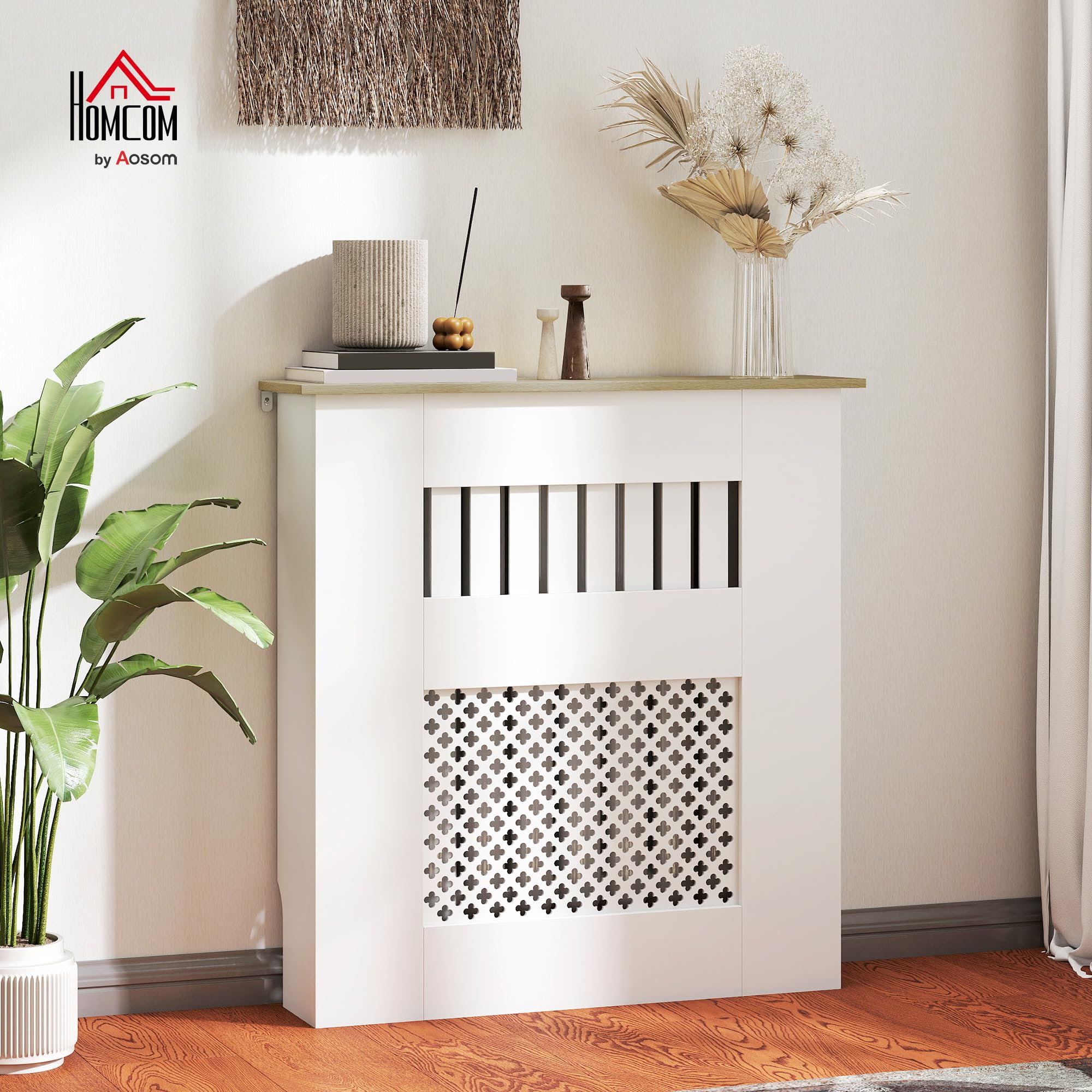 HOMCOM Couvercle de Radiateur en Bois, Cache Radiateur Moderne à Lattes avec Détails Croisés et Étagère Supérieure, pour Salon, Chambre à Coucher, Couloir, 78 x 19 x 81 cm, Blanc