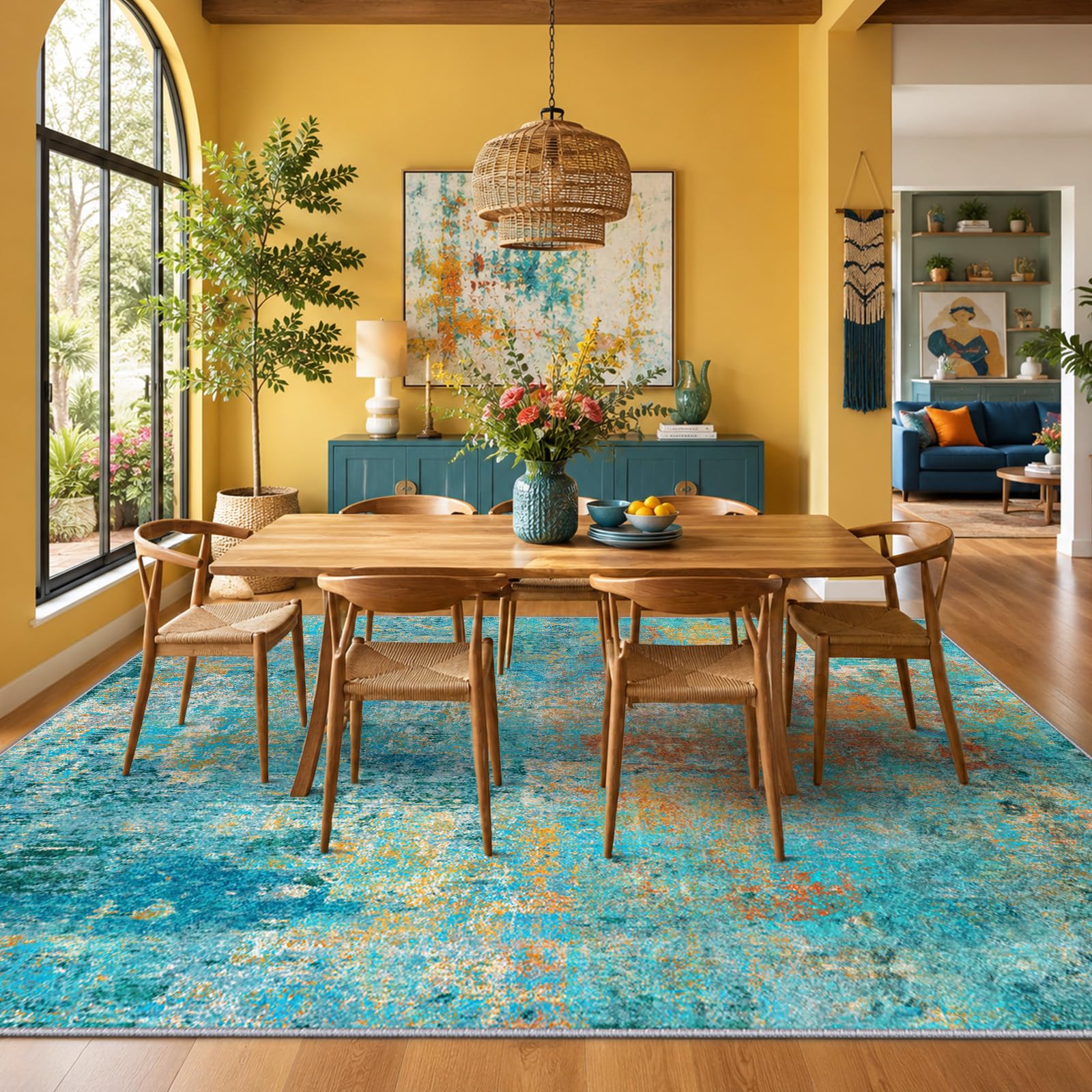 RELEANY Washable 6'x8' Abstract Area Rug for Living Room Teal Multi | Carpet for Bedroom, Kitchen, Office, Hallway and Entryway, Printed Pattern, Non‑Slip, Soft, Stain‑Resistant, Easy to Clean