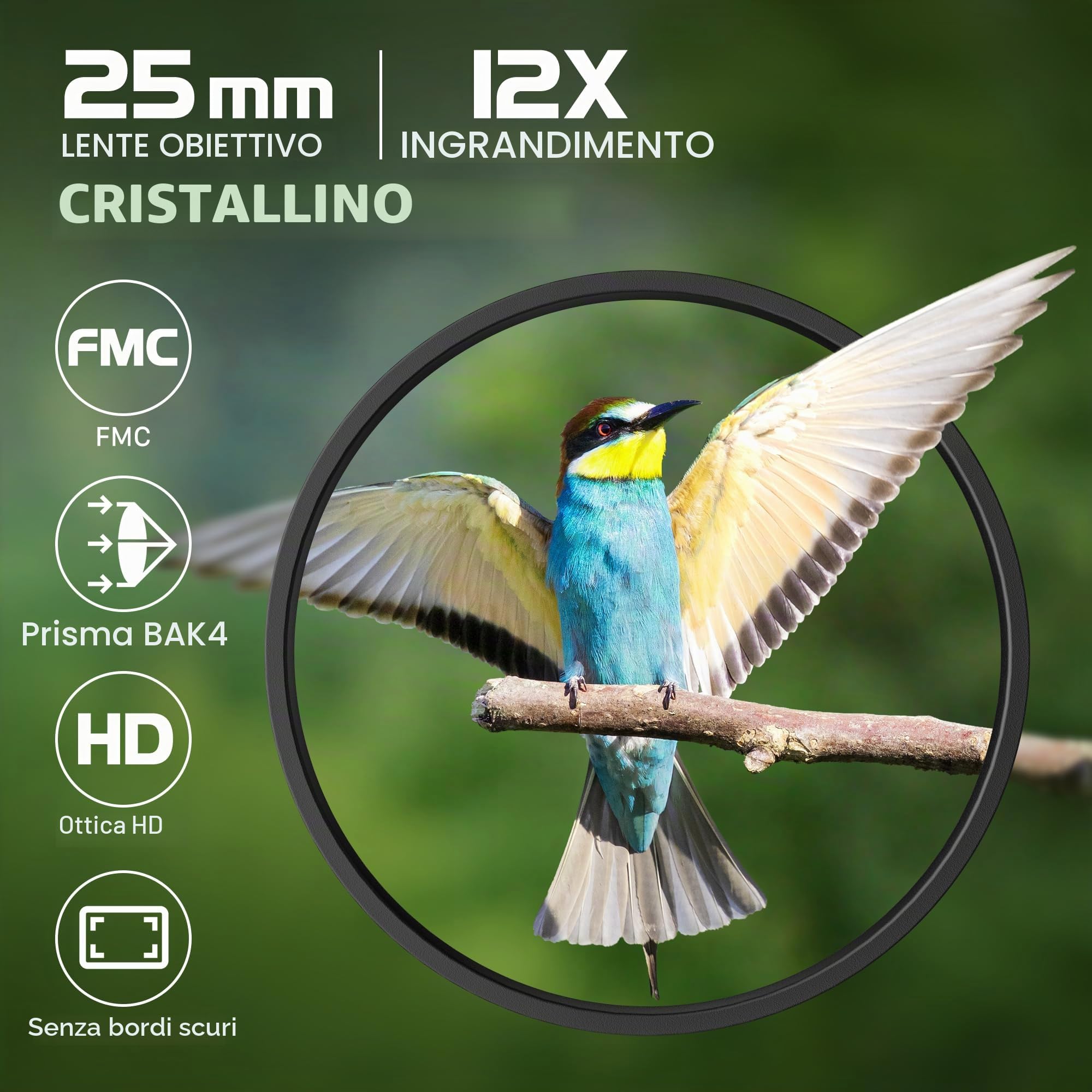 Kylietech Binocolo Compatto 12 x 25, Binocolo Leggero per Adulti e Bambini, Effetto Multistrato FMC e Prismi BAK-4, Ideale per Sport All'aria Aperta, Viaggi e Caccia, Concerti