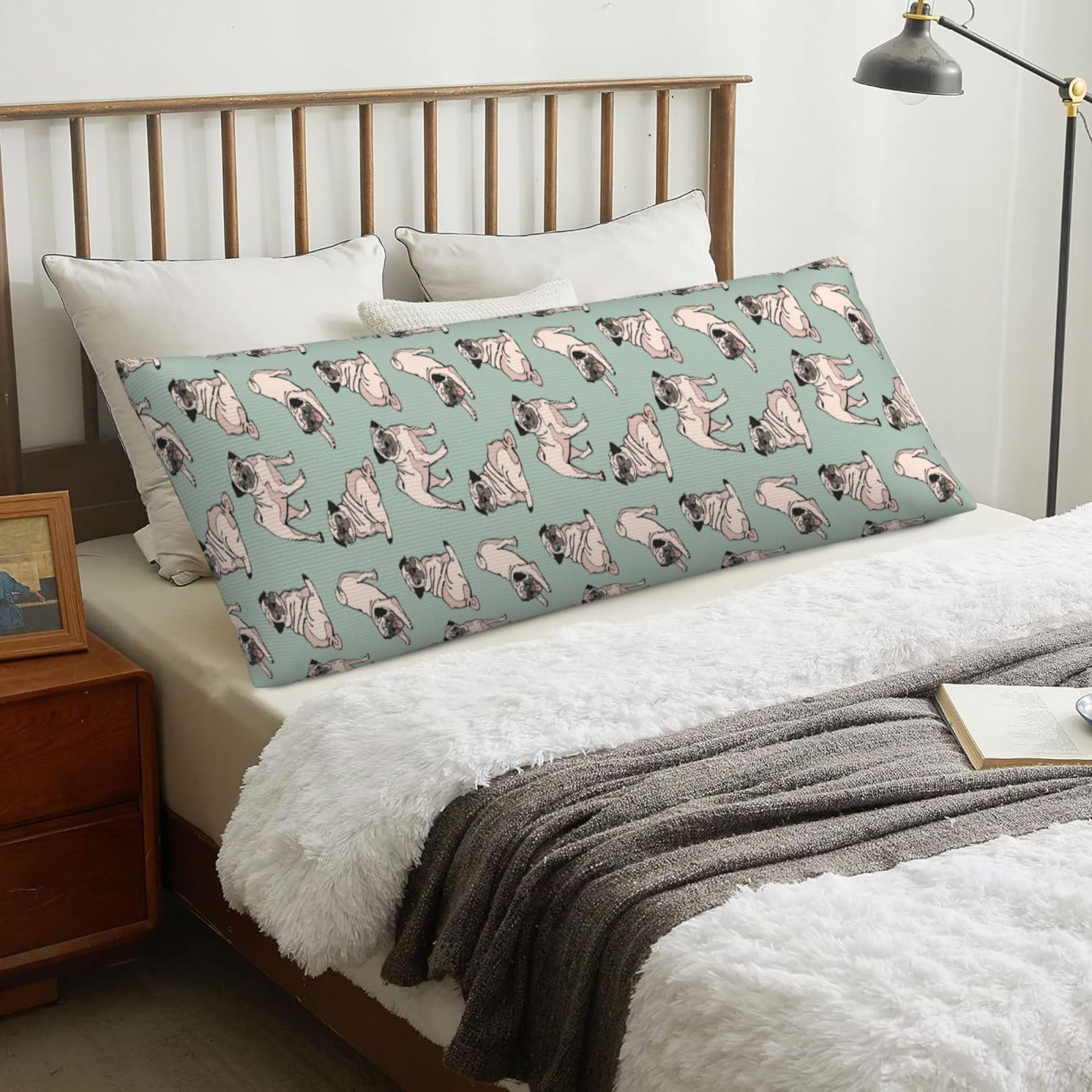Pug Dogs Sitting, Body Pillow Cover with Zipper,Long Body Pillowcase 20 x 60 in