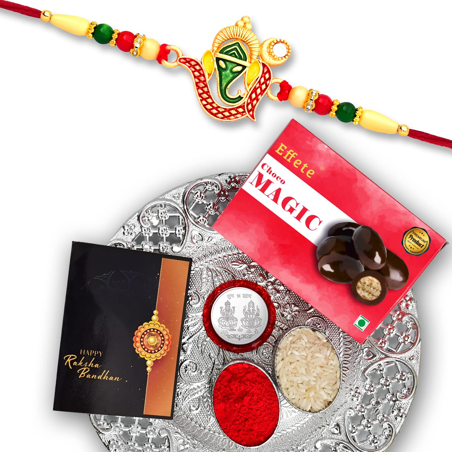 DeoDap (K1_309_CM32+DS) Multicolor Rakhi Combo with Effete Chocolate Almonds , Silver Color Pooja Coin, Roli Chawal & Greeting Card | Occasion | Rakhi for brother with gift | chocolate gift pack |rakhi with Chocolate Gift Hemper | Bracelets for men | (B09BFRPKXZ) Amazon Price History, Amazon Price Tracker