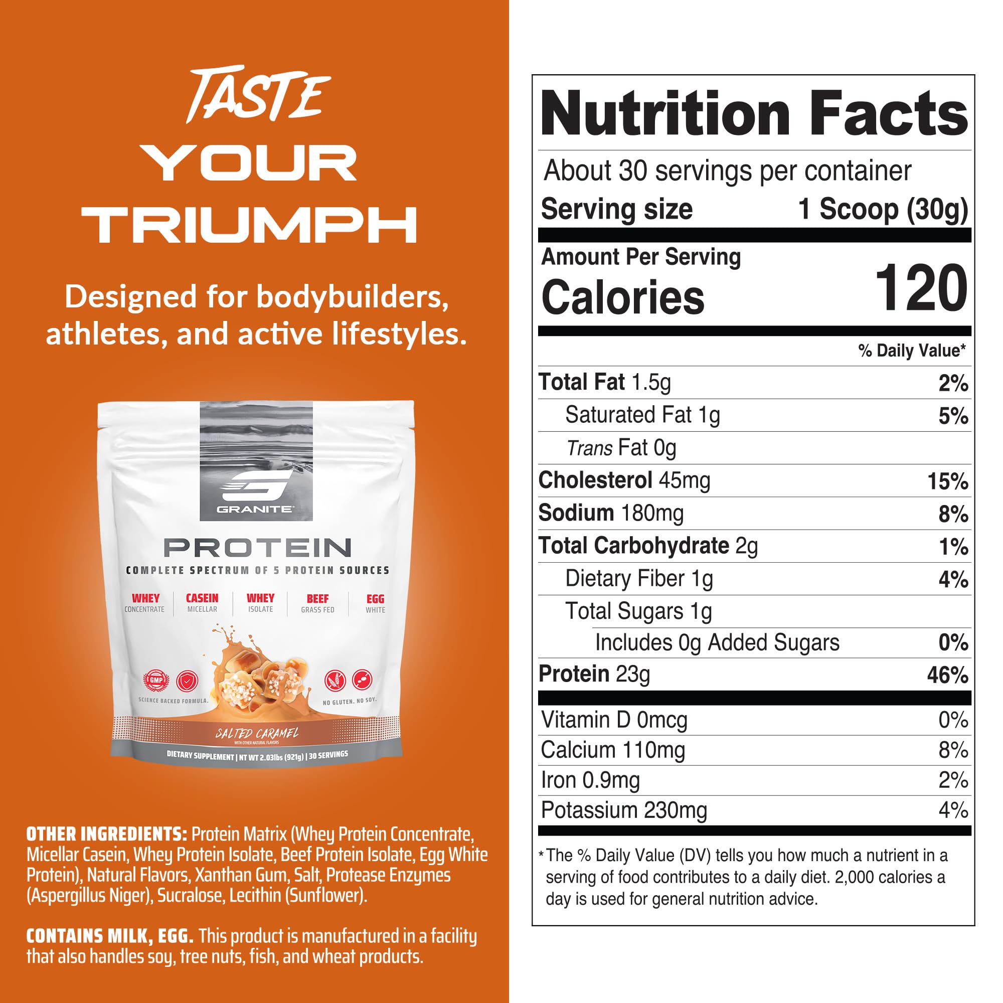 Granite Nutrition Proteína en polvo – Mezcla premium de 5 fuentes (suero de leche, caseína, huevo, carne de res alimentada con pasto) para músculos magros y recuperación, sabor a caramelo salado, 30