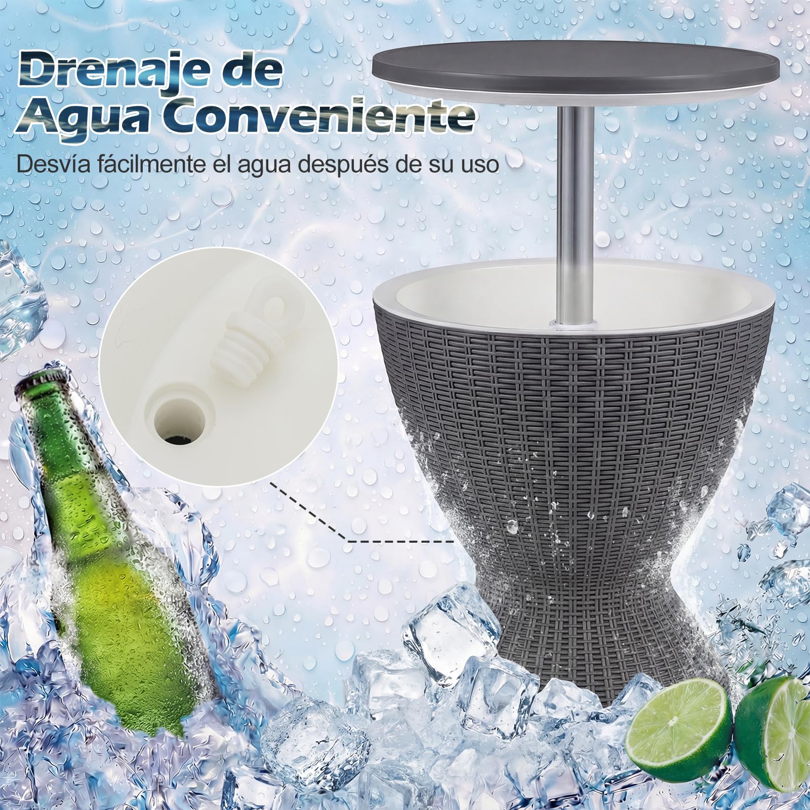 COSTWAY 2 en 1 Mesa Nevera Capaciadad de 30 L para Jardín,Cool Bar para Cerveza y Vino con Gancho,Asa,Tapa Extraíble y Orificio de Drenaje Mesa Auxiliar Cóctel para Piscina, Terraza y Camping