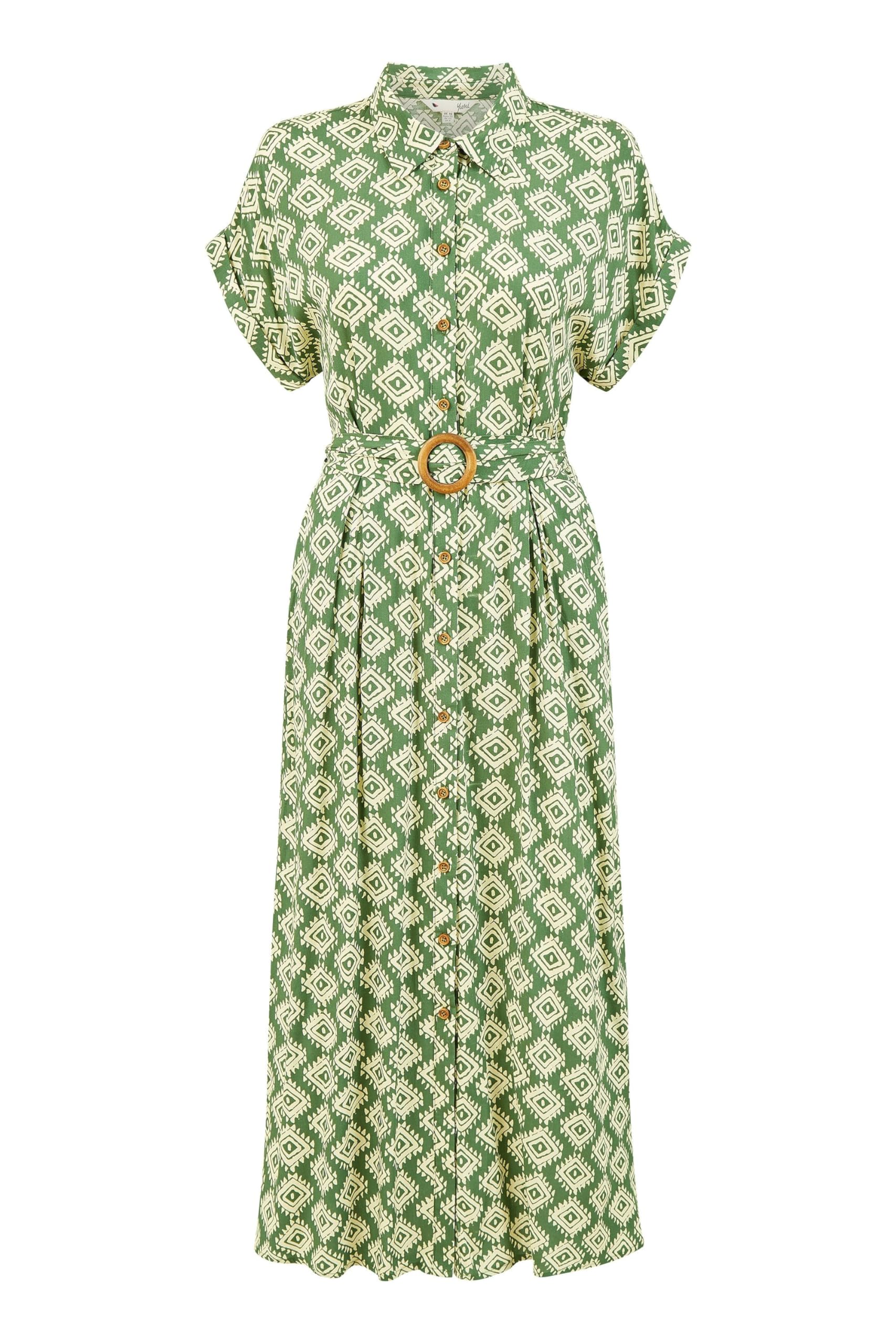 Yumi Green Viscose Midi Shirt Dress with Matching Belt 14 Green
