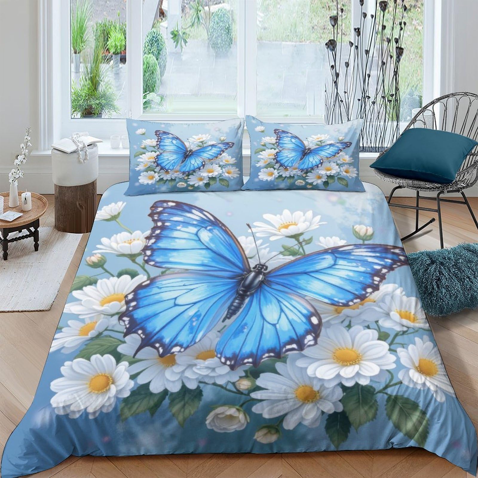 Ctjqhvkz Style-9 3D Printed Blue Butterfly Fitted Sheet Microfiber Soft Daisy Flower Mattress Cover For Bedroom Guest Room Dorm Bed Decor Single（135X200cm）