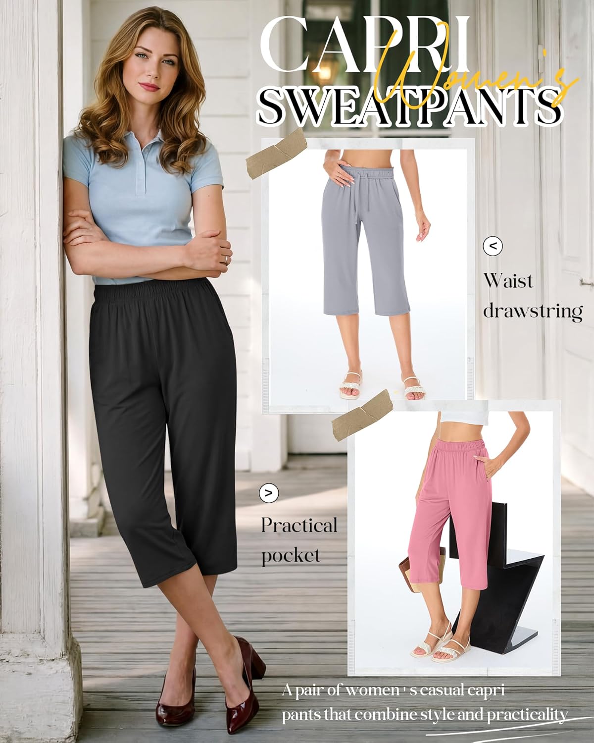 4 Pack Women's Capri Pants Wide Leg Yoga Sweatpants Lounge Loose Fit Cropped Joggers with Pockets