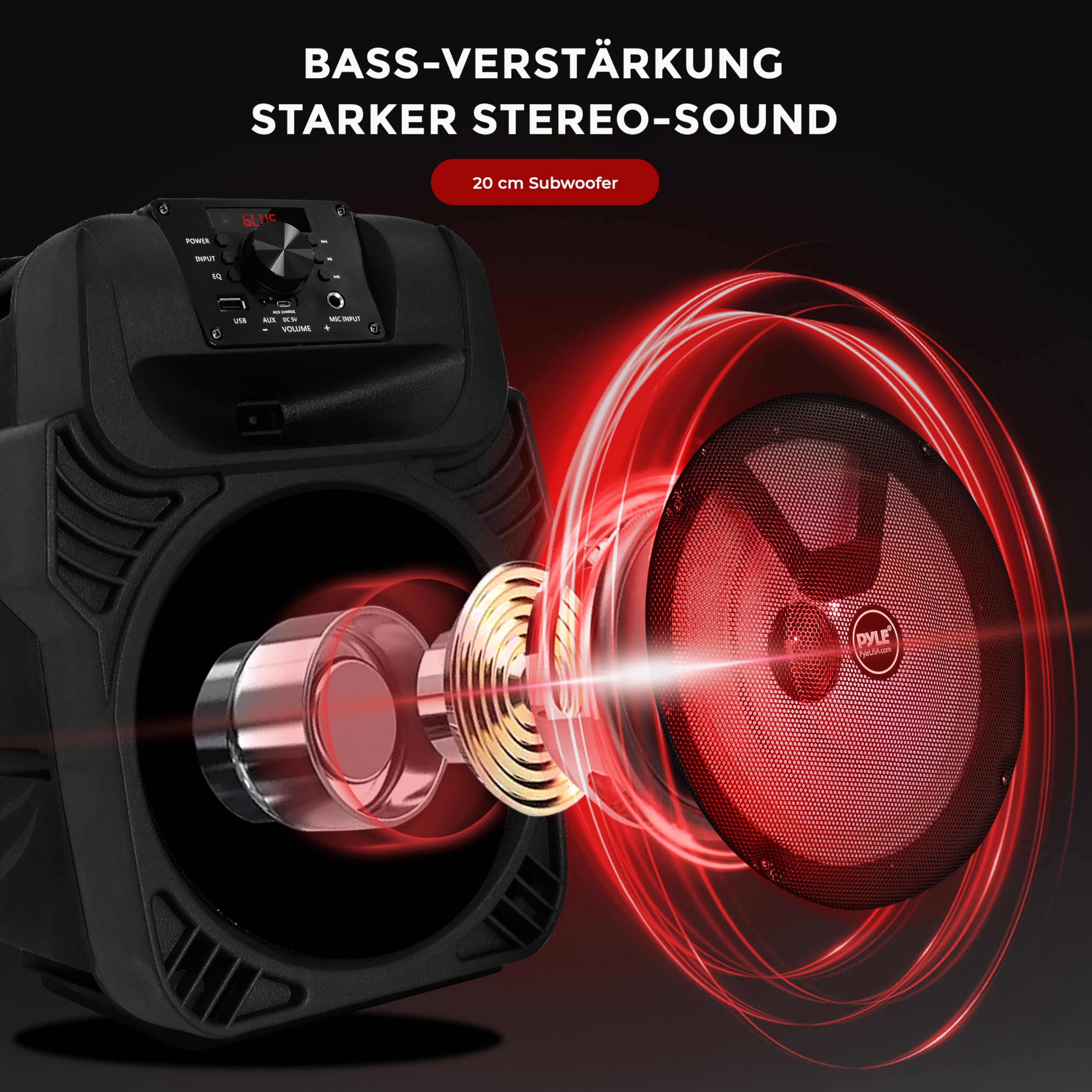 Pyle PA Lautsprecher Bluetooth 400W 8" Subwoofer 4 Ohm 55-20kHz USB MP3 FM-Radio LED Party Lichter Akku Fernbedienung