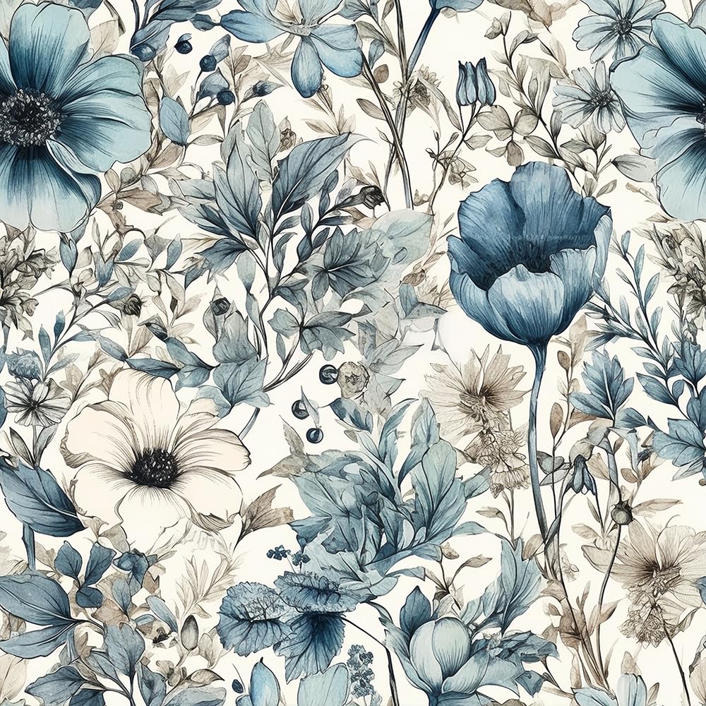 WalRiddle Grey/Blue Poppy Wildflowers Floral White Peony Flowers Vintage Leaf Peel and Stick Wallpaper Easy Peel Off Contact Paper Stick on Adhesive